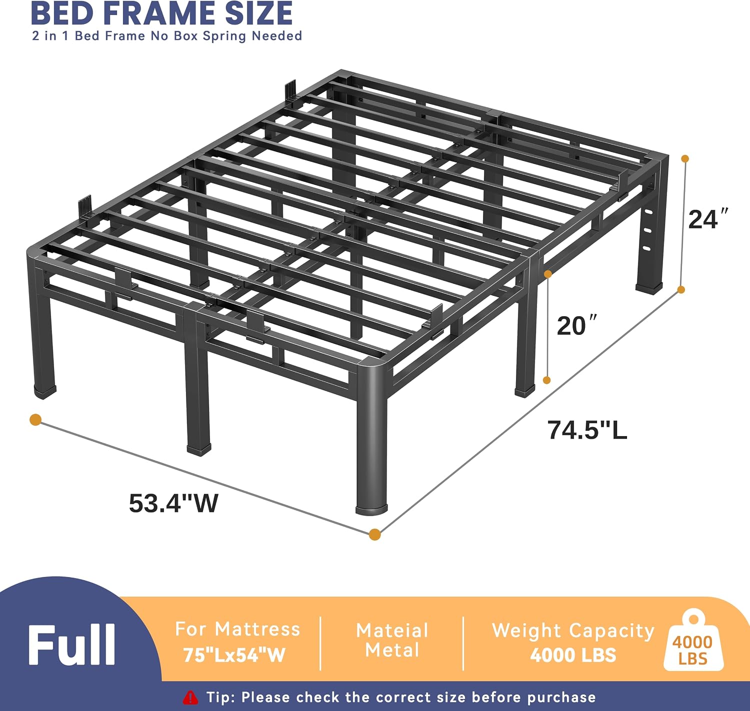 20 Inch Queen Size Bed Frame,Double Layer Heavy Duty Metal Platform Tall | Easy Assembly,Noise Free,2in1 Base,4000lbs Capacity,6 Mattress Stoppers,Round Corner Legs,16"Storage Space,Headboard Holes