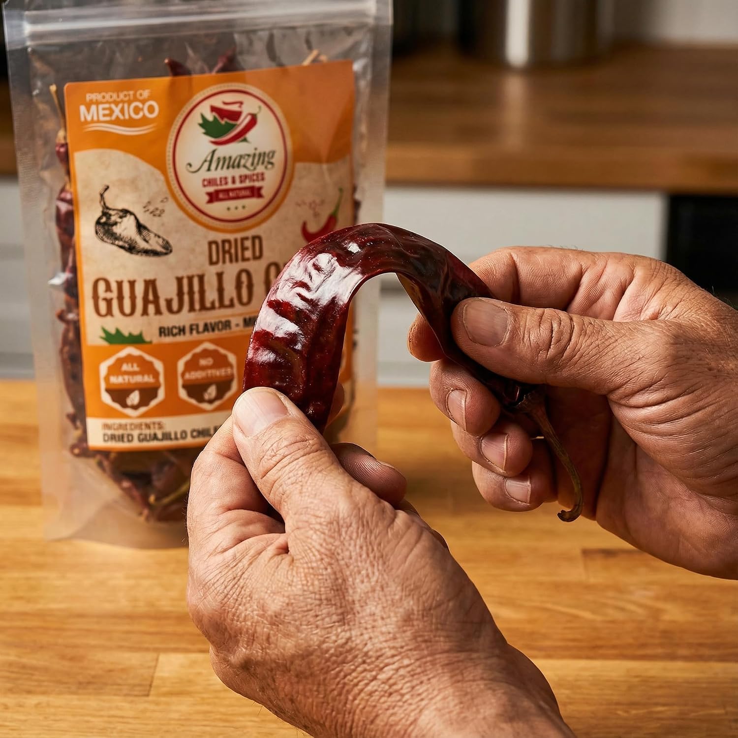Guajillo Chiles Peppers Dried Whole 4 oz – Natural and Premium. Great For Mexican Recipes Like Mole, Tamales, Salsa, Meats. Mild to Medium Heat, Complex Fruity Flavor. Resealable Bag
