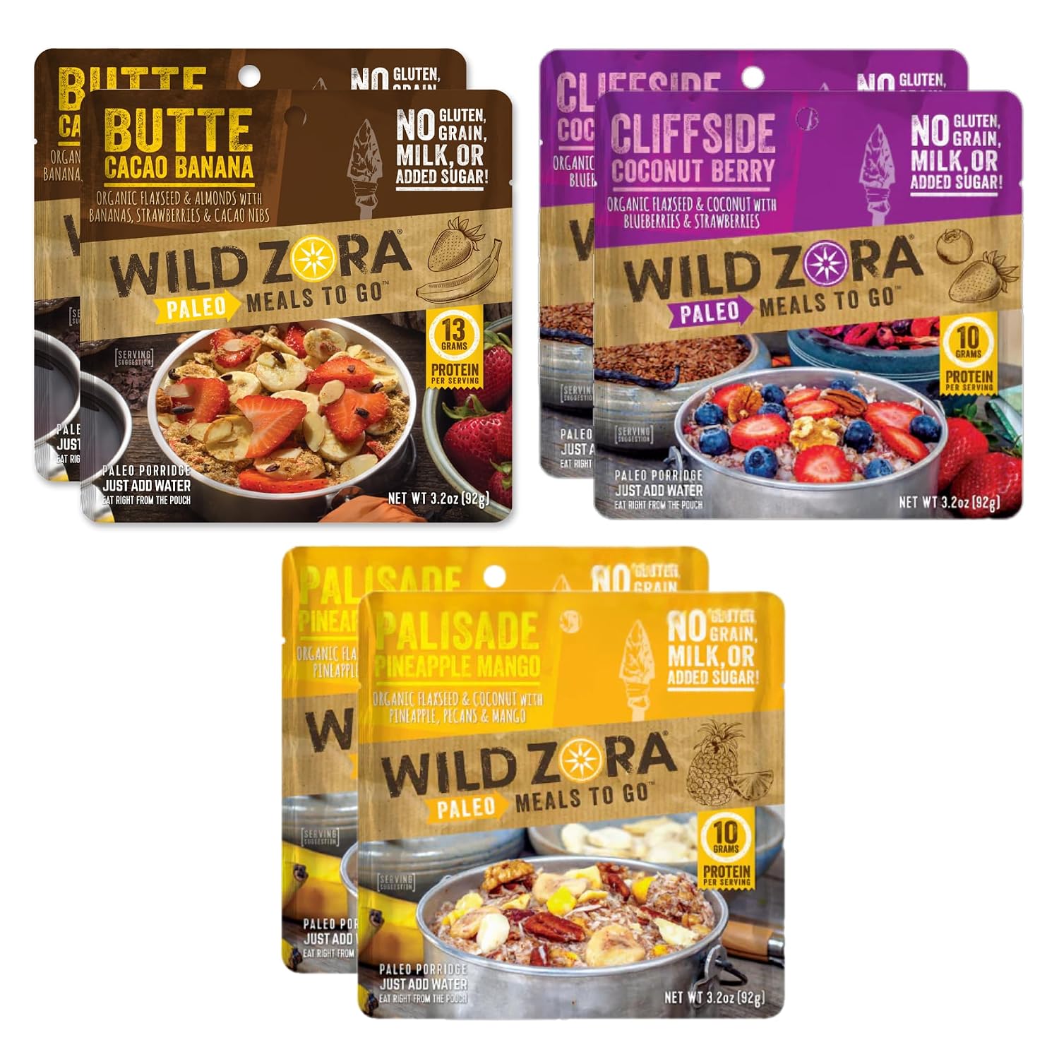 Wild Zora Paleo Freeze Dried Meals for Backpacking & Camping - Healthy Gluten Free & Grain Free Camping Meals/Backpacking Food + No Added Sugar - Great for Travel (Cliffside Coconut Berry 2-Pack)