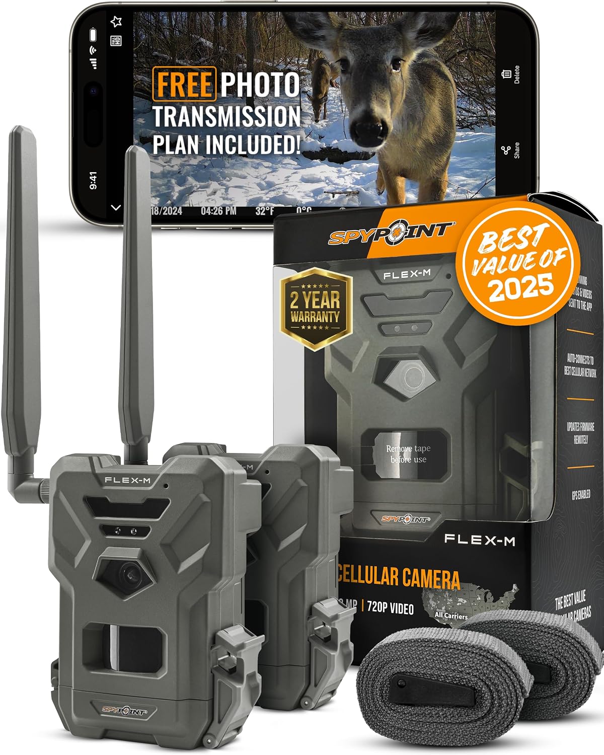 SPYPOINT Flex-M Twin Pack Cellular Trail Cameras - Best Hunting Accessories, No WiFi Needed, GPS, Night Vision, Dual-Sim LTE, IP65 Water-Resistant Game Camera, 28MP Photos, 720p Videos + Sound (2) | IP65 Water-Resistant Game, 720p Videos + Sound, 28MP Ph…
