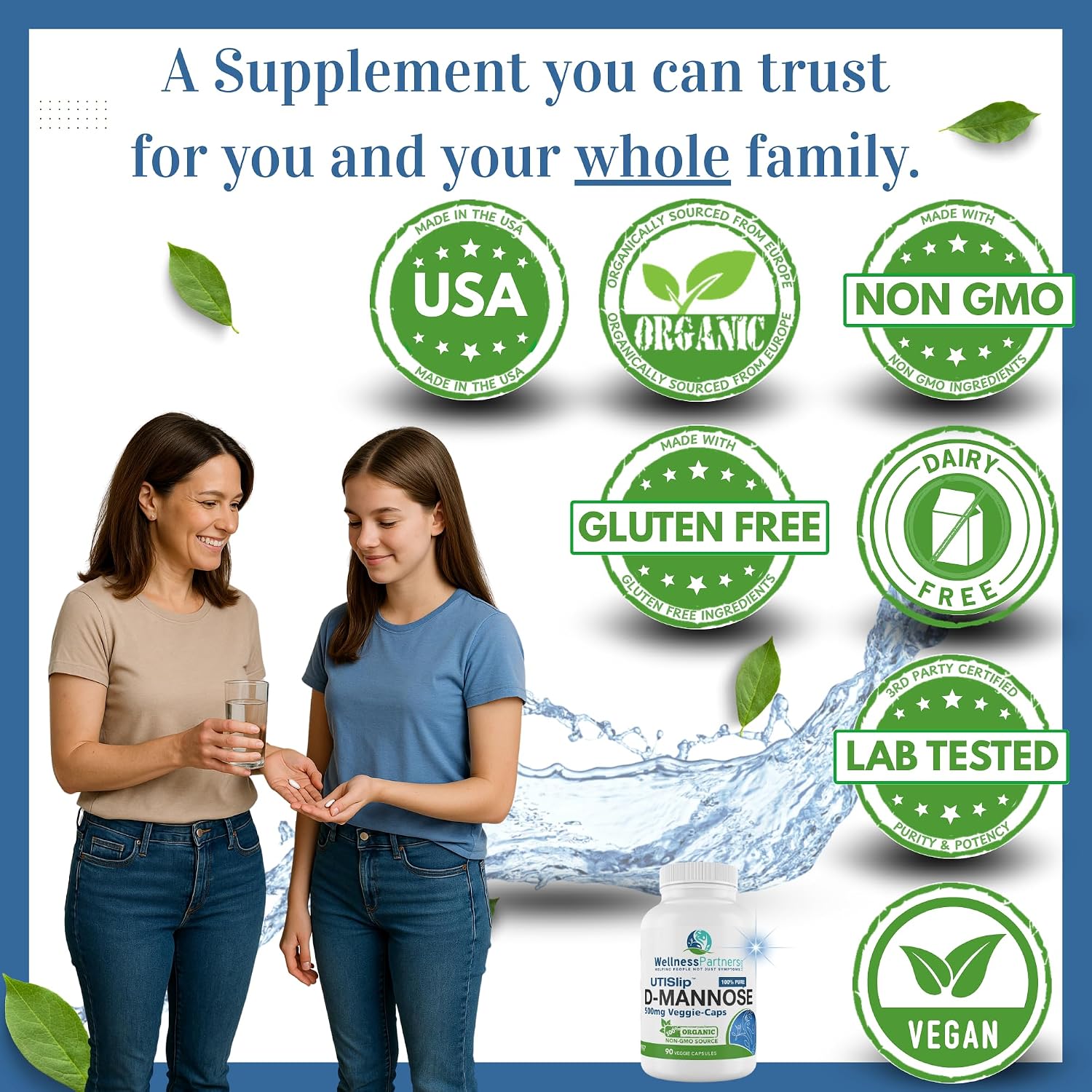 UTI Slip D-Mannose Non GMO Organic Source Veggie Capsules 90 Count (500 Mg)