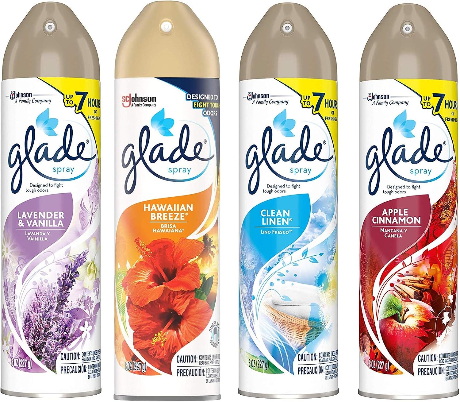 Glade Air Freshener Spray 8 Oz Collection 4 Flavors: Lavender & Peach Blossom, Hawaiian Breeze, Clean Linen & Apple Cinnamon. Pack of 4.