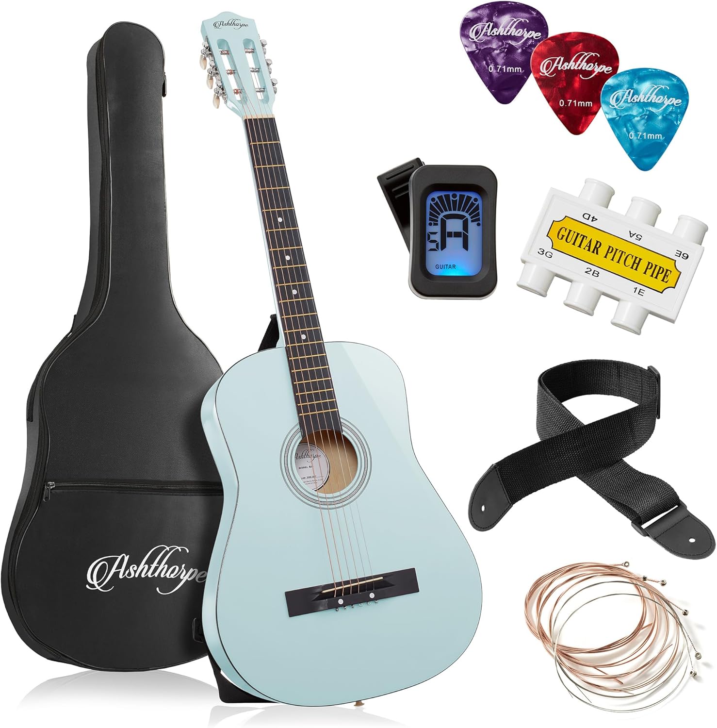 Ashthorpe 38-inch Beginner Acoustic Guitar (Red), Starter Kit with Gig Bag, Extra Strings, Strap, Picks, and Lessons