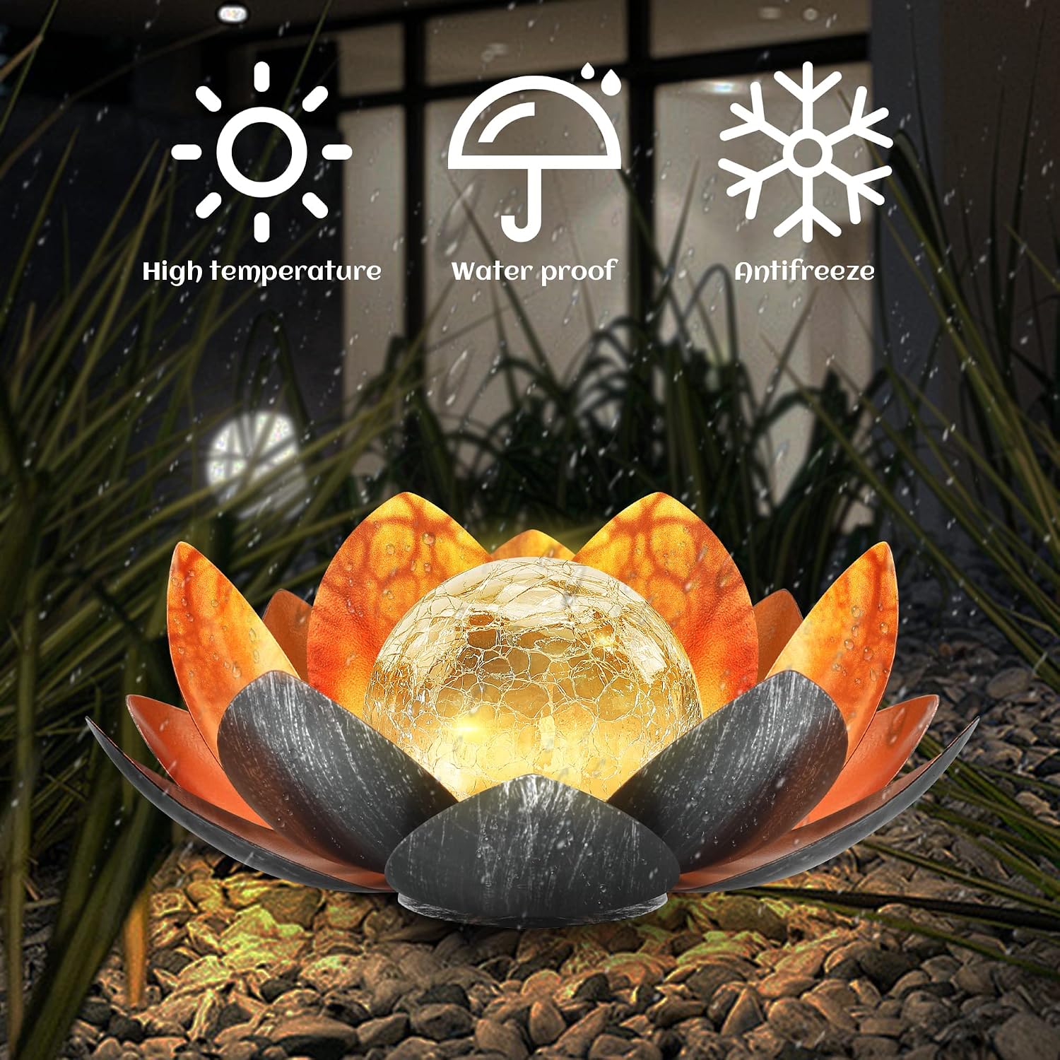Outdoor Solar Lights, Garden Decor, Crackle Glass Globe, Waterproof Metal Lotus Flower Light for Patio, Lawn, Walkway, Tabletop, Ground