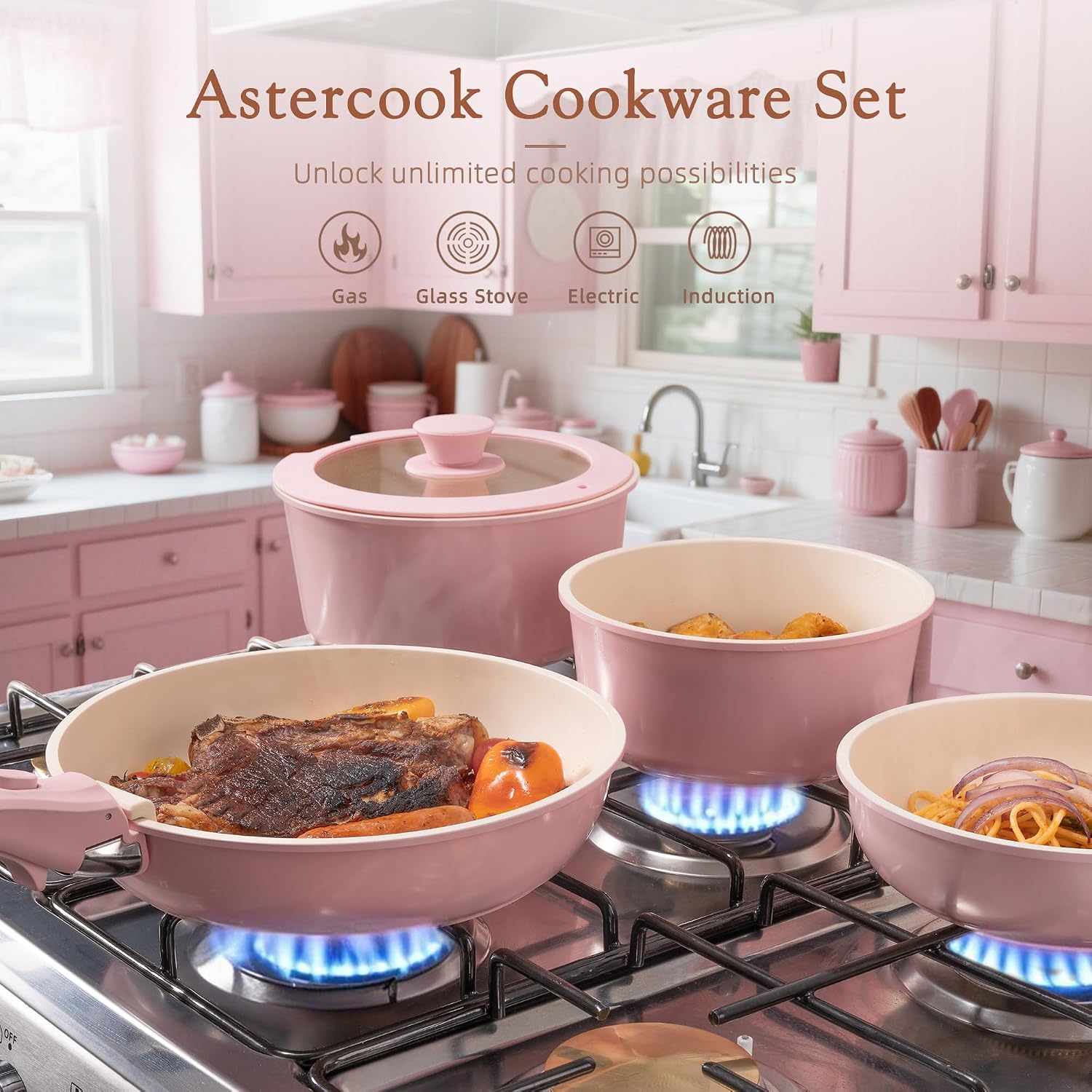 Astercook 21 Pcs Pots and Pans Set Non Stick, Ceramic Cookware Set Detachable Handle, RV Kitchen Cooking Set Removable Handles, Oven Safe, Induction Ready, Stackable, Cream, Fathers Day Gift for Men