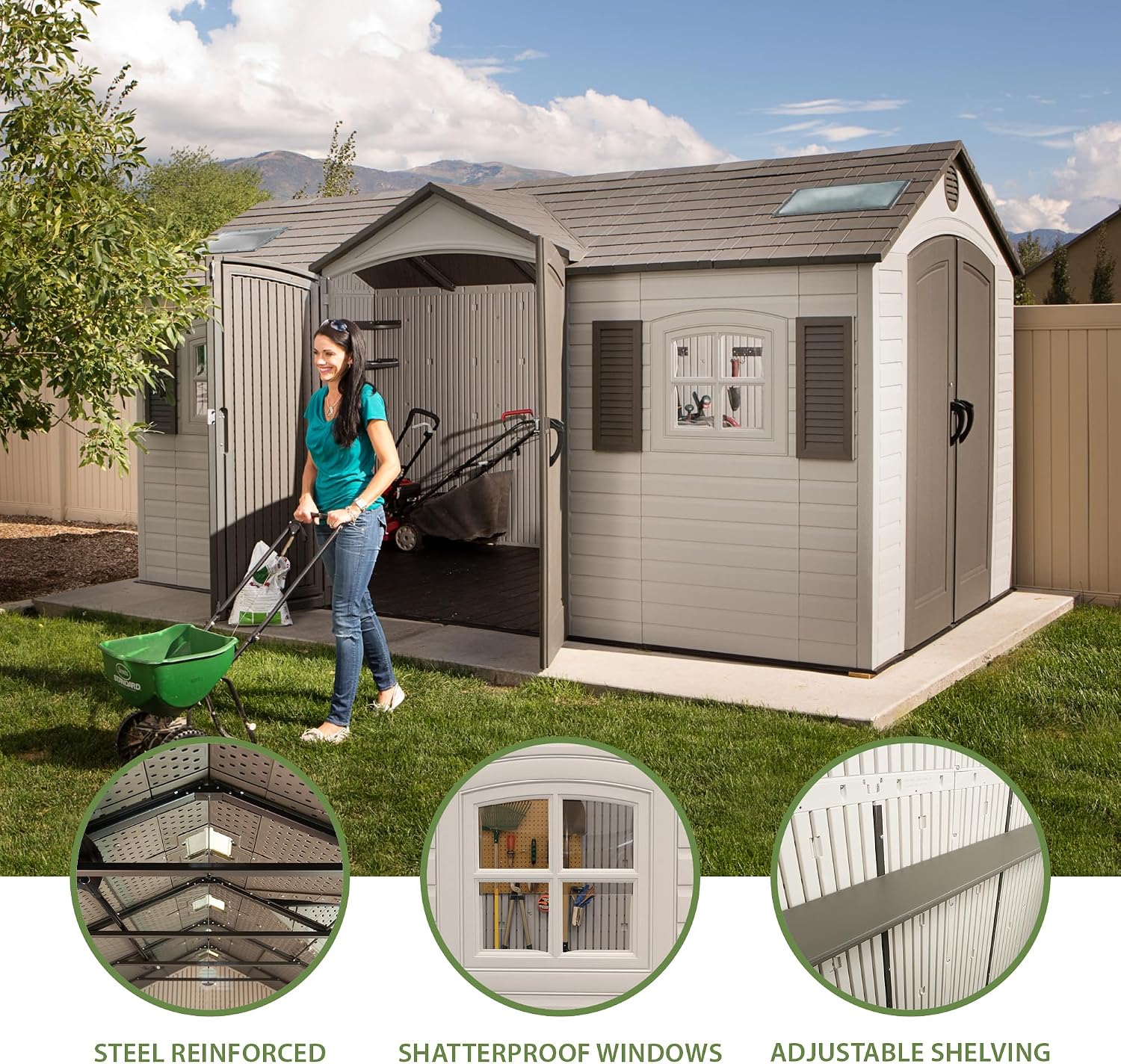 Lifetime 15×8 Ft Dual‑Entry Outdoor Storage Shed, Steel‑Reinforced, UV‑Protected, Weather‑Resistant Backyard Garden Shed with Skylights