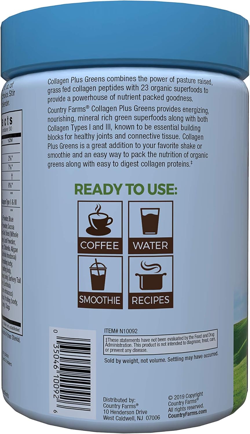 Country Farms Collagen Peptides Powder with Greens Dietary Powder Supplement (Type I, III) for Skin Hair Nail and Joints, Dairy/Sugar Free, Energizing Superfoods, Natural, 10.6 Oz 30 Servings