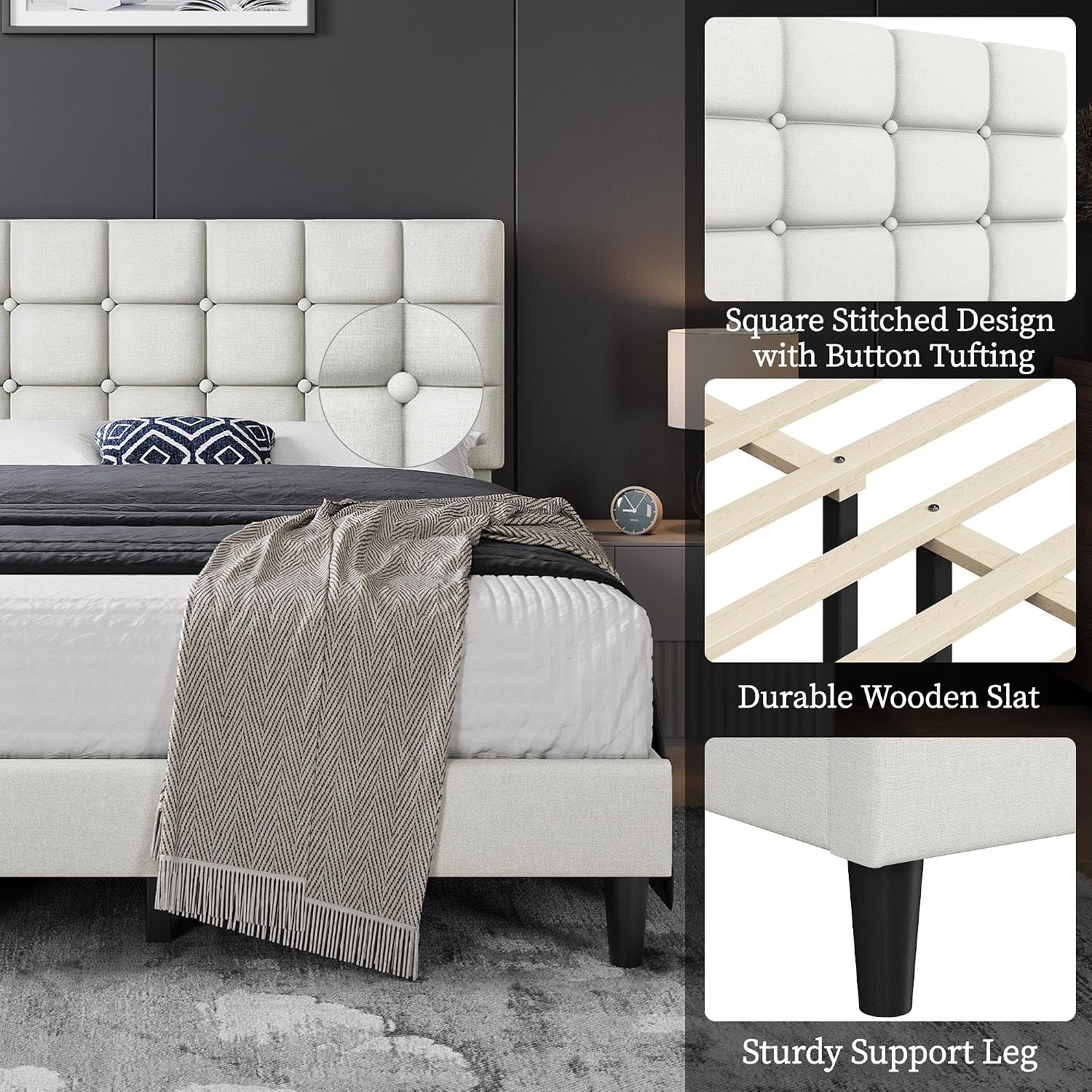 Yaheetech Full Size Upholstered Tufted Bed Frame with Headboard, Dark Gray | Sturdy engineered wood frame with linen fabric upholstery features a soft tufted headboard for easy assembly and support