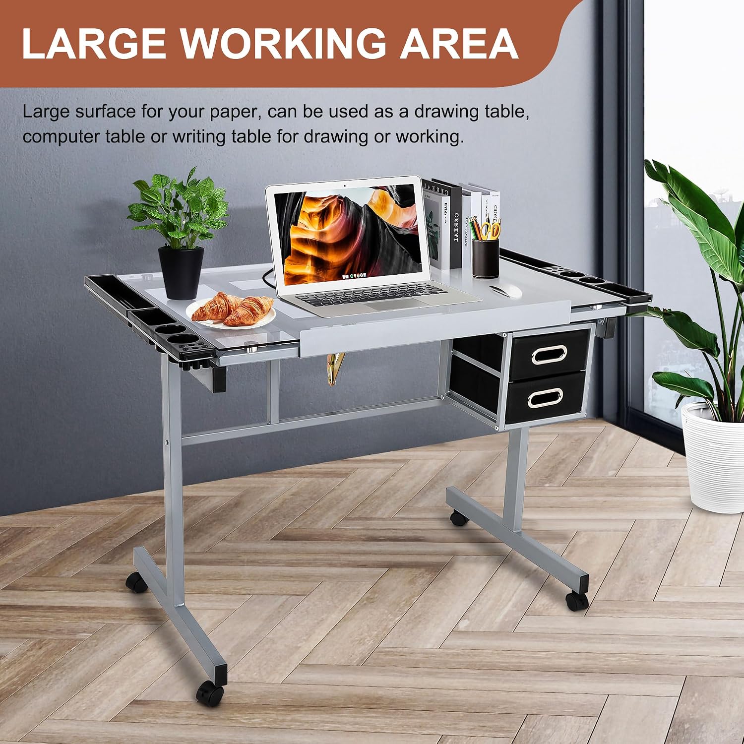 JupiterForce Adjustable Drafting Table Art Desk Drawing Table Versatile Art Craft Work Station Glass Tabletop w/2 Slide Drawers and Wheels for Reading