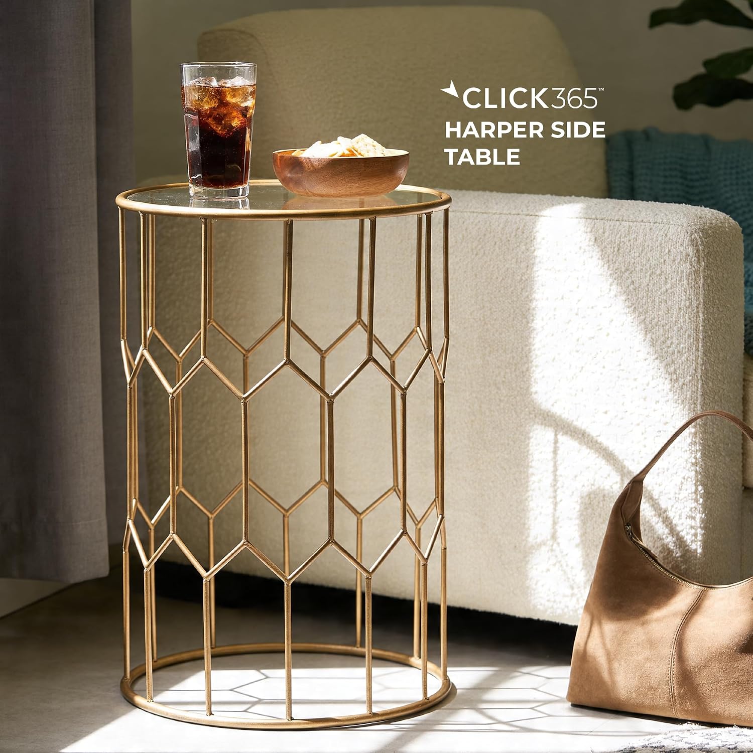 Click365 Harper Round Glass Accent Side Table, 16 Inch Modern End Table with Gold Metal Geometric Frame for Living Room, Bedroom or Small Spaces