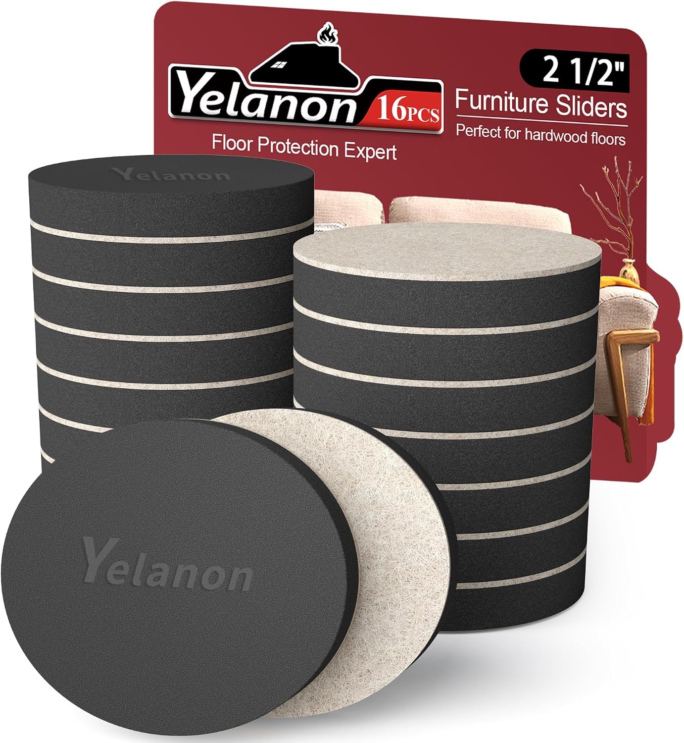 Yelanon Felt Furniture Sliders 20 Pcs 3.5" Round for Hardwood & Tile