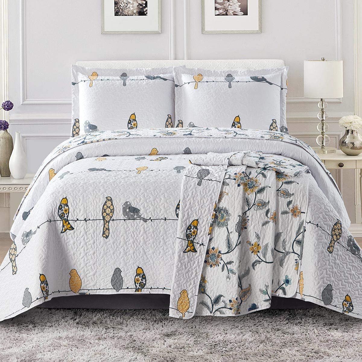 Royal Hotel Ayat Birds Oversized Coverlet Set Queen Size – Luxury Queen Quilt Bedspread, All Season Soft Filled Quilts