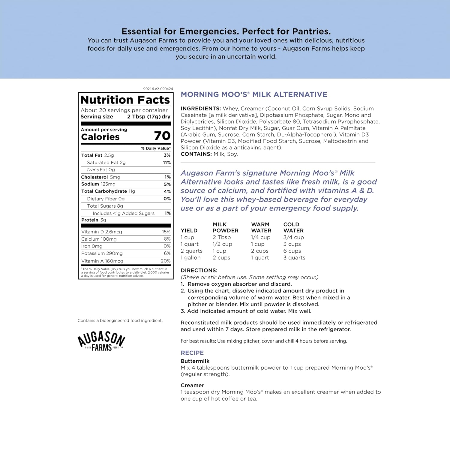 Augason Farms Morning Moo's Milk Alternative Can | 93 Servings, 20 Year Shelf Life, Certified Gluten Free