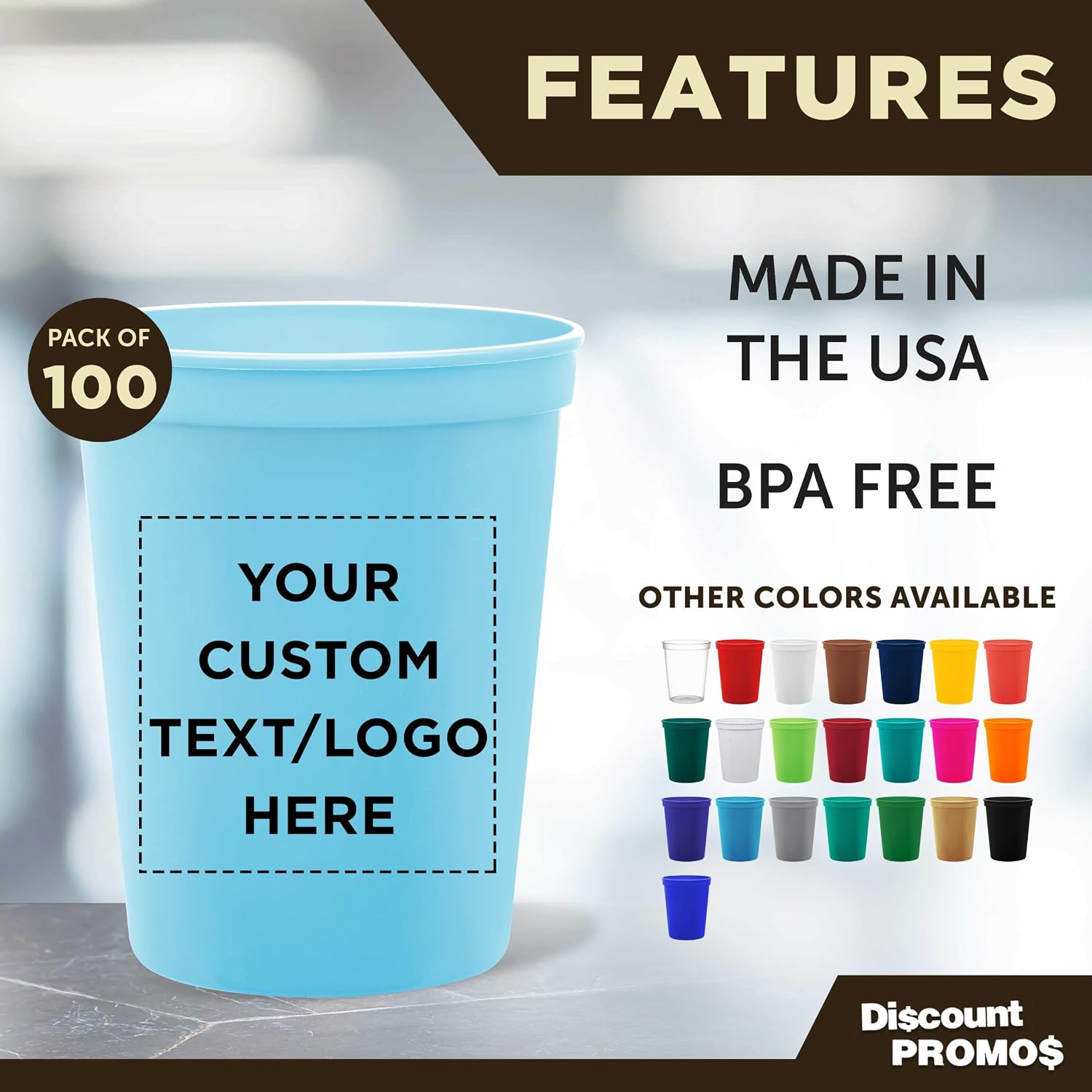 DISCOUNT PROMOS Custom Plastic Stadium Cups 16 oz. Set of 10/50/100, Personalized Bulk Pack - Perfect for Birthdays, Weddings, Picnic, Beach
