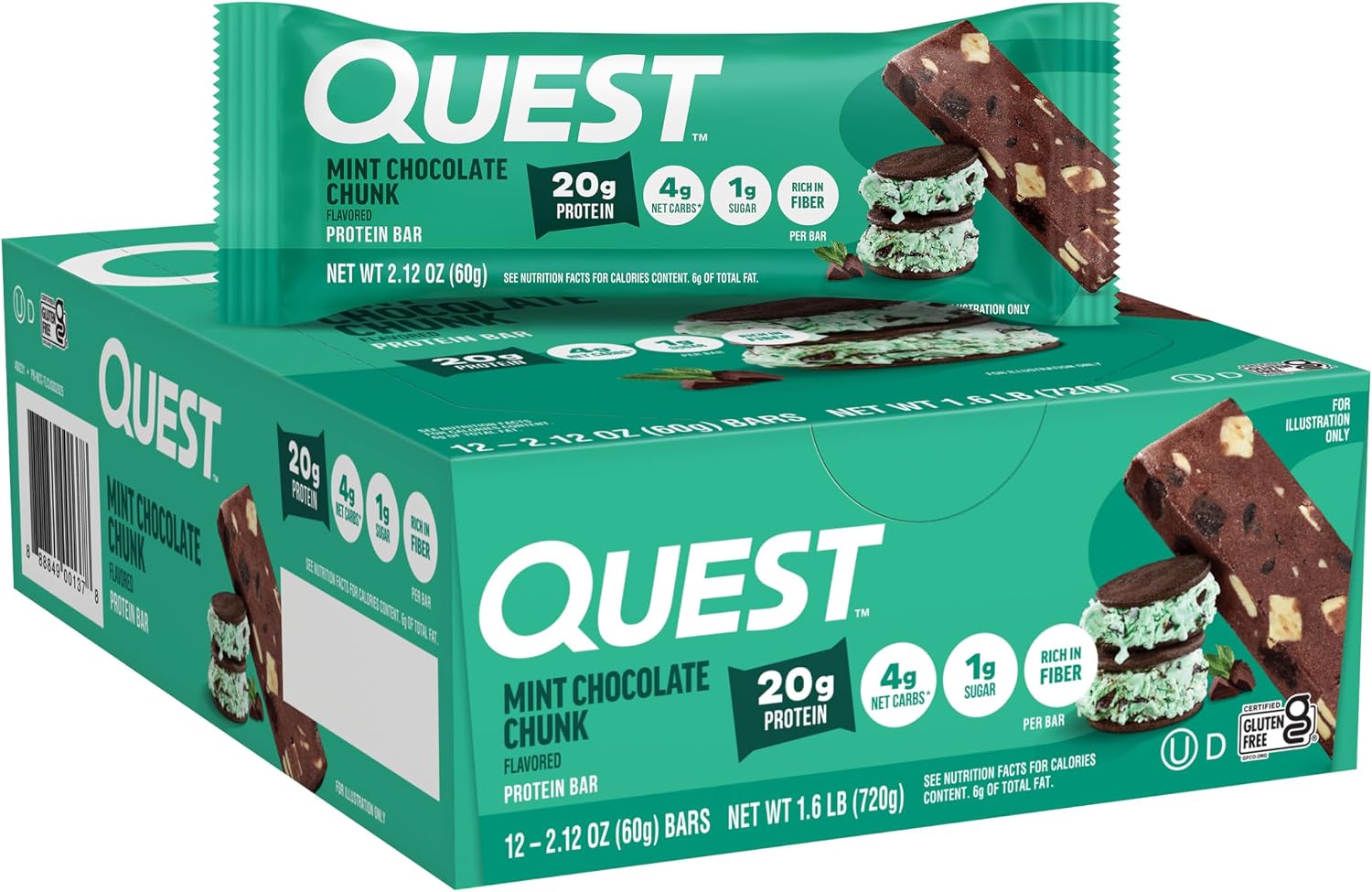 Quest Nutrition Oatmeal Chocolate Chip Protein Bars, 20g Protein, 12 Count | 12g Fiber, 5g Net Carbs, 1g Sugar, Gluten Free, High Quality Protein, Soft and Chewy, Individually Wrapped 2.12oz Bars