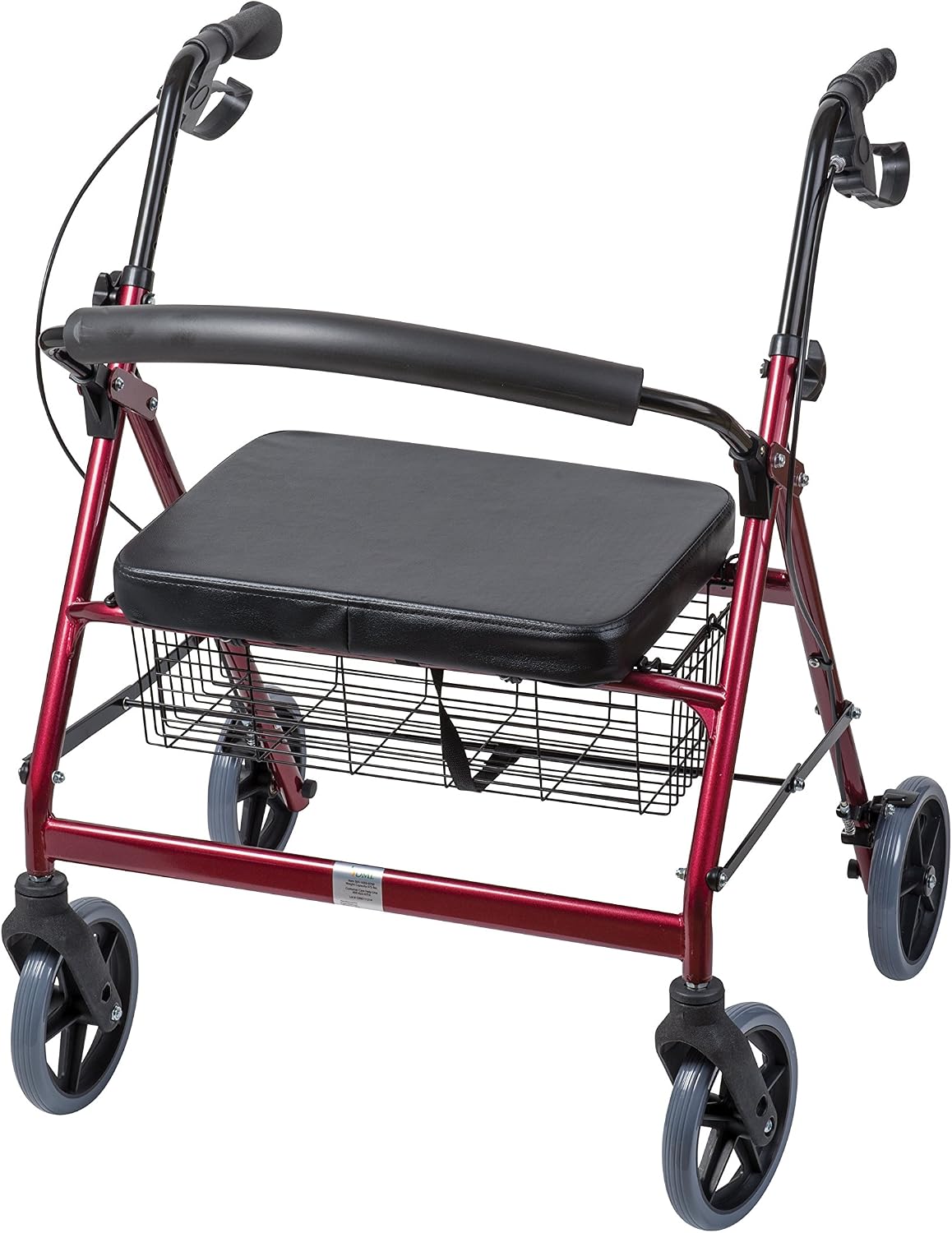 DMI Extra-Wide Heavy Duty Steel Bariatric Mobility Rollator Walker with Seat and Basket, Burgundy, Folding