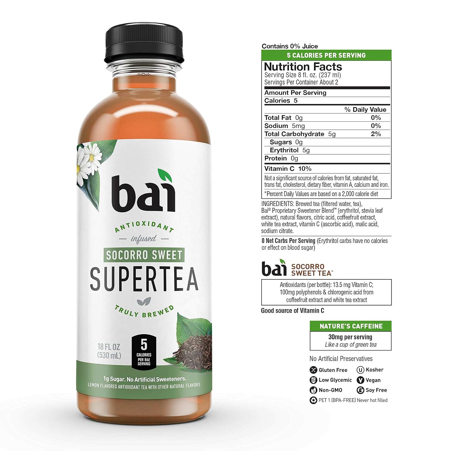 Bai Iced Tea, Narino Peach, Antioxidant Infused Supertea, Crafted with Real Tea (Black Tea, White Tea), 18 Fluid Ounce Bottles, 12 count