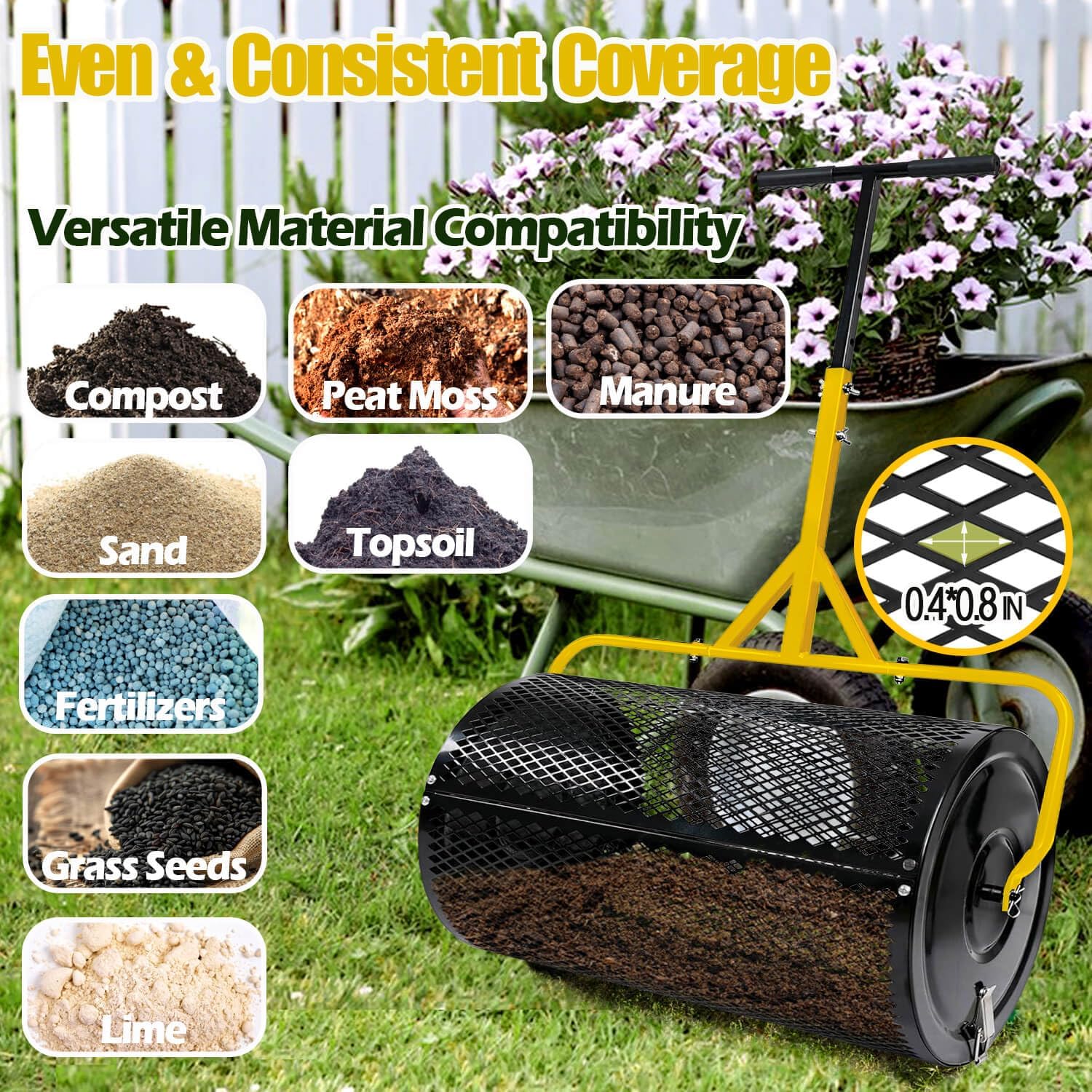 2026 Upgraded 30 Inch Compost Spreader, 26 Gal/99L Large Capacity Heavy Duty Peat Moss Spreader for Lawn, Stable T-Handle Manual Spreader for Top Soil
