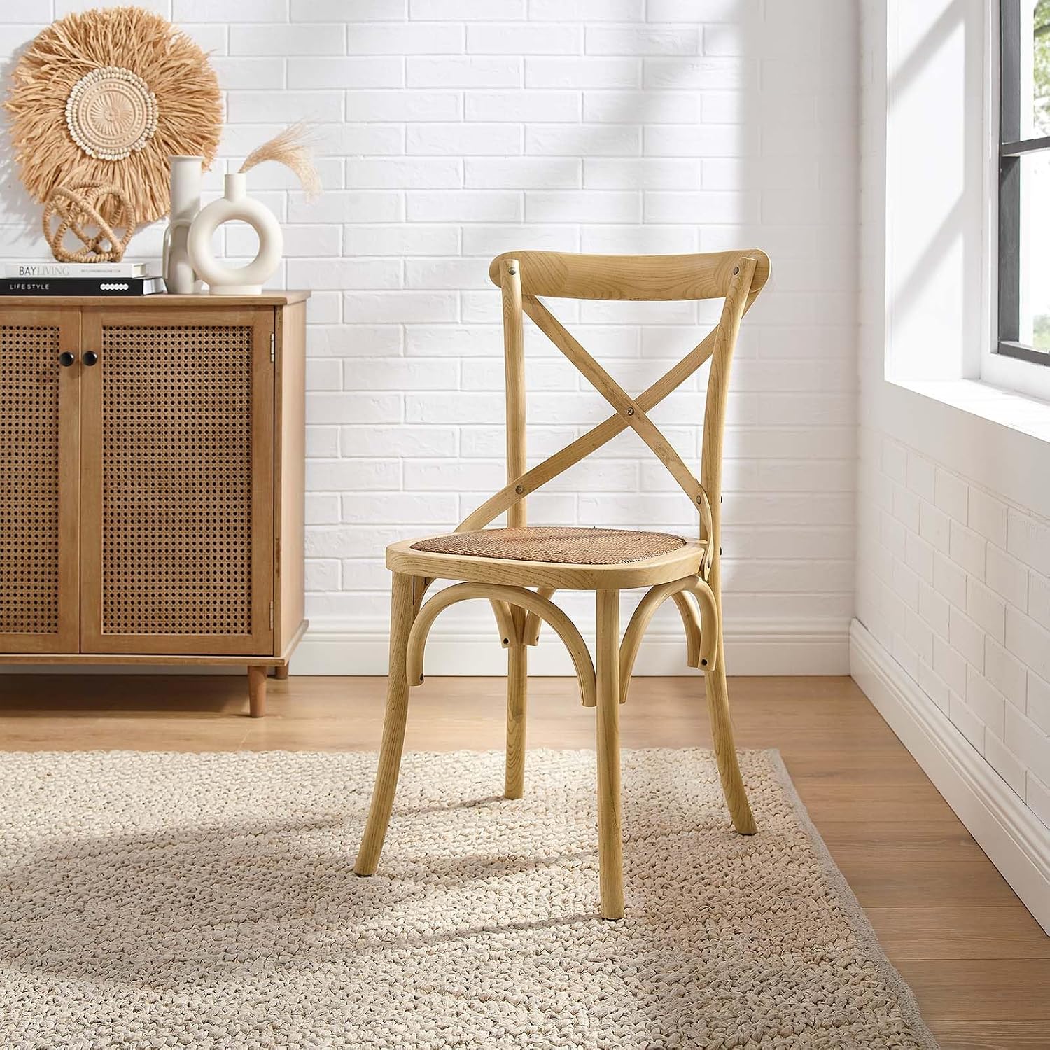 Modway Gear Rustic Modern Farmhouse Elm Wood Rattan Dining Chair in Gray