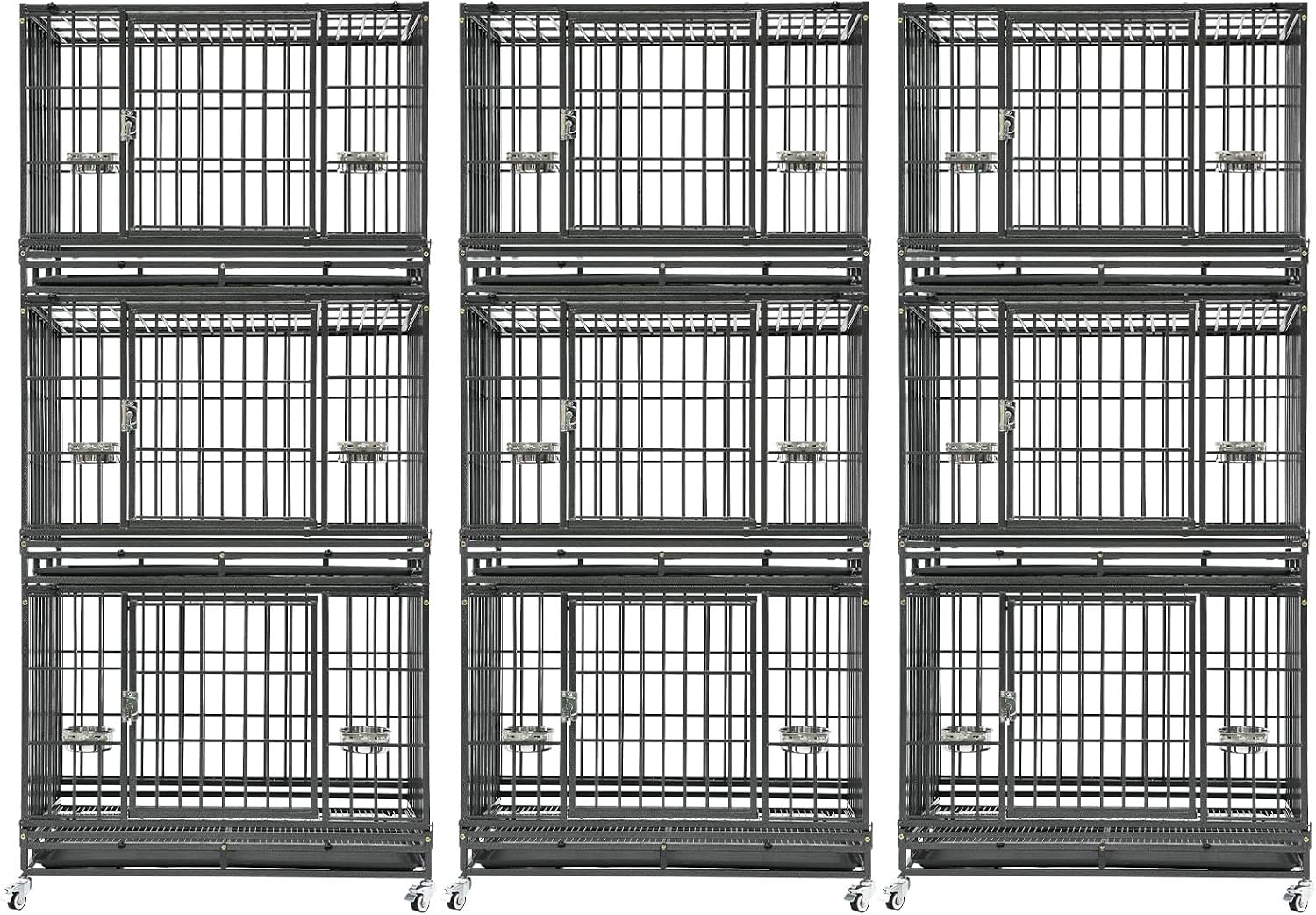 Homey Pet Three Tiers 43 inch Heavy Duty Dog Crate with Wheels, Dual Doors | Stackable Indestructible Steel Dog Cage Kennel Indoor with Divider, Trays, Bowls, Escape Proof Locks for Breeders and More