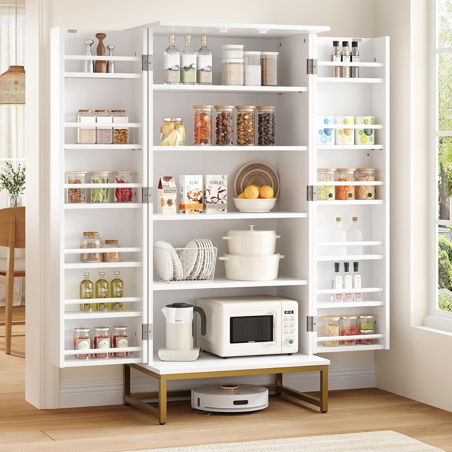 kepptory 47” Pantry Cabinet, Kitchen Pantry Storage Cabinet with Doors and Adjustable Shelves,Freestanding Buffet Cupboards Sideboard for Living Room and Dinning Room (White)