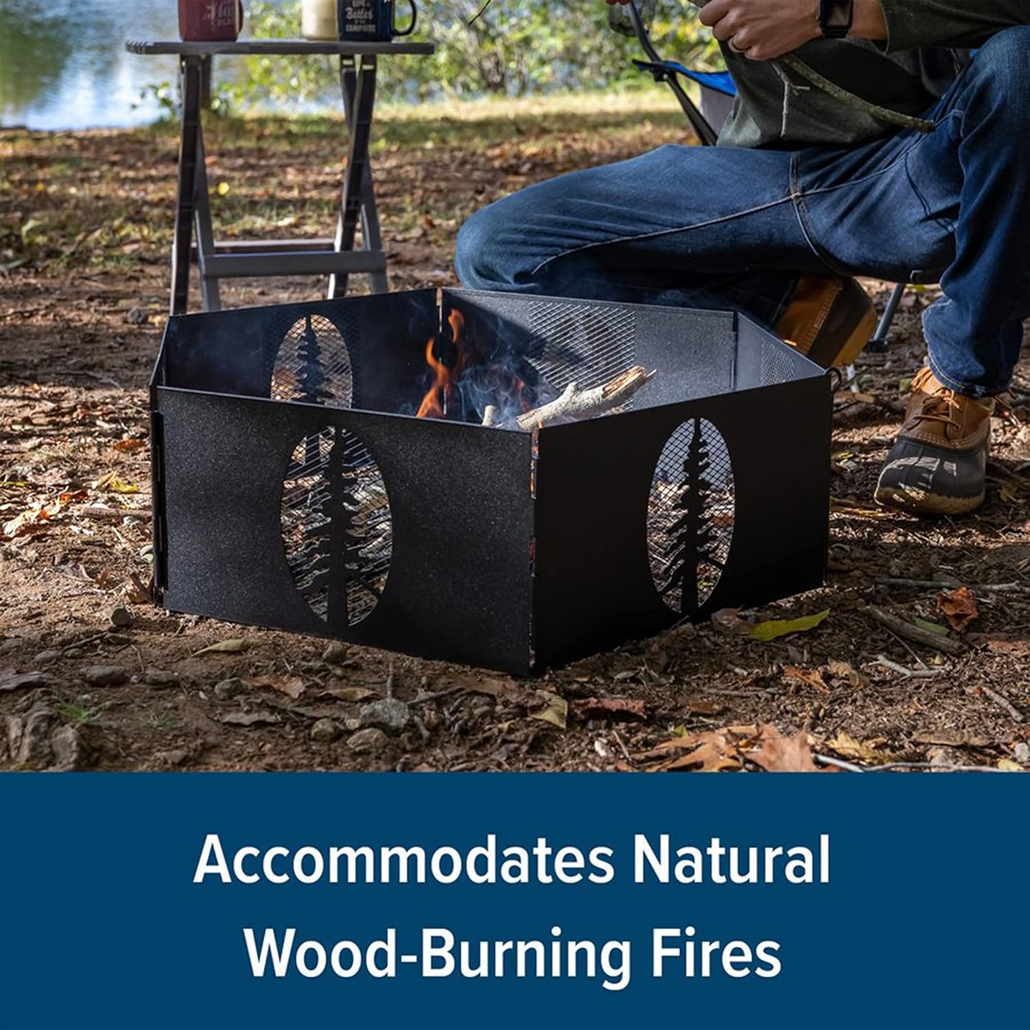 Camco Portable 27 x 8.5" Outdoor 6 Piece Collapsible Steel Campfire Ring with Storage Bag for Safe Natural Wood Burning Fires