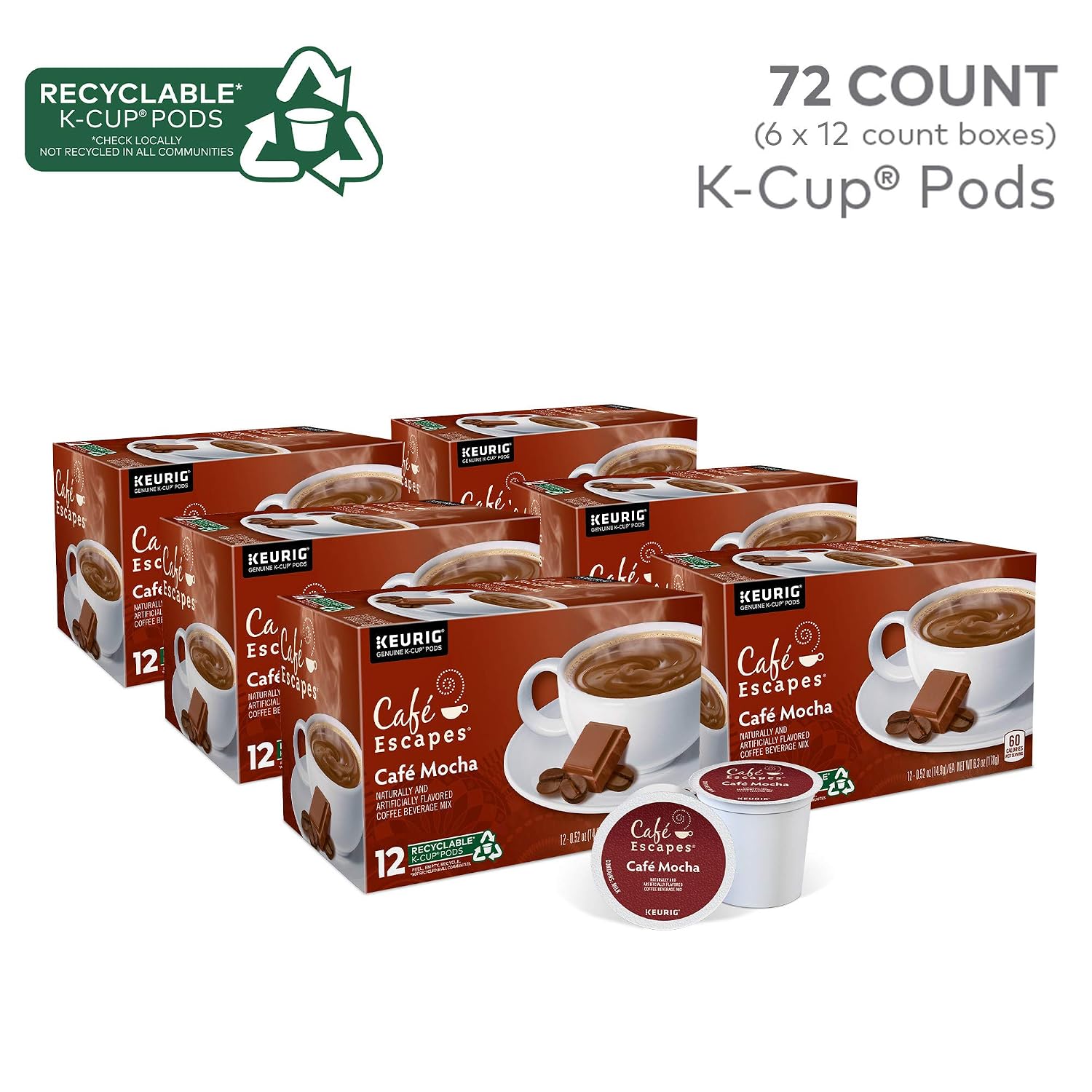 Cafe Escapes, Cafe Mocha Coffee Beverage, Single-Serve Keurig K-Cup Pods, 48 Count (2 Boxes of 24 Pods)