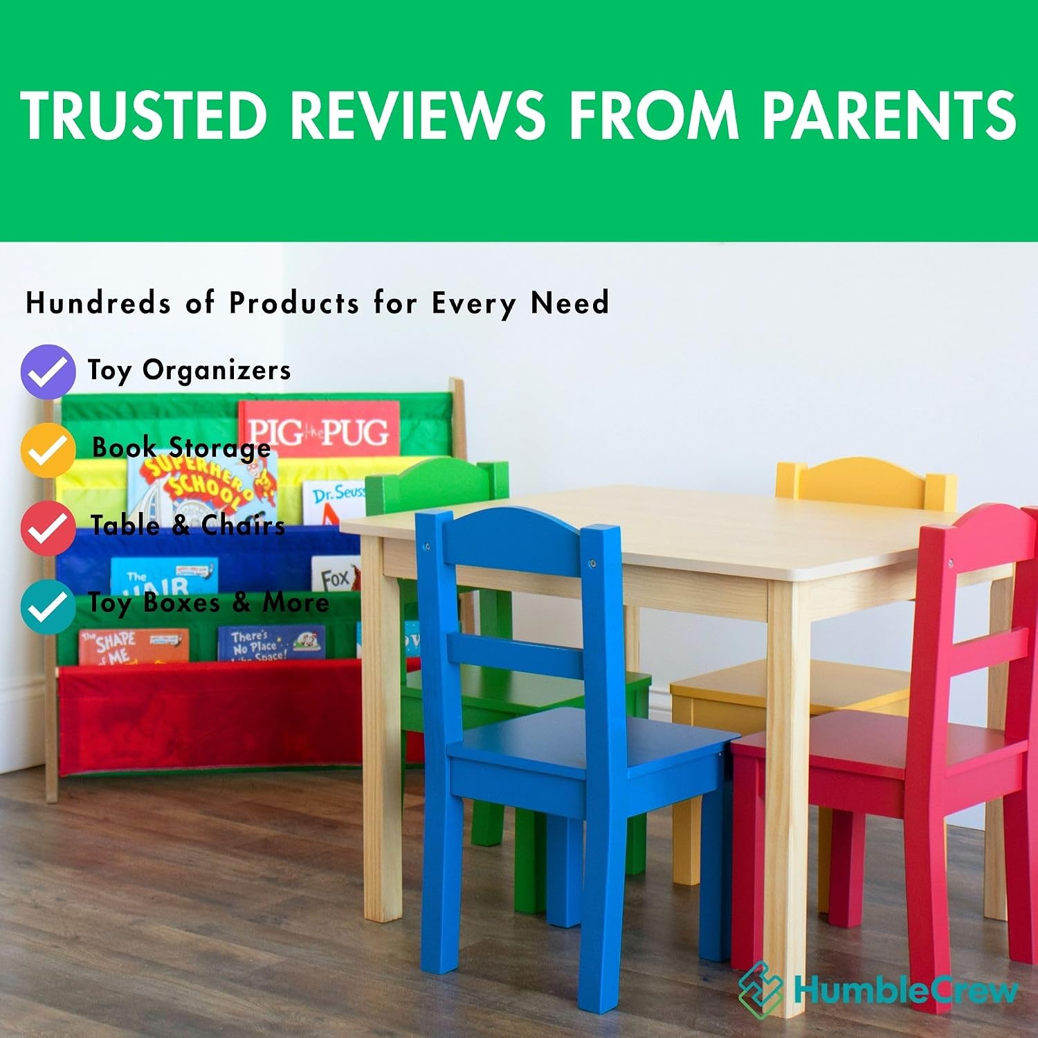 Humble Crew Kids Bookshelf, Montessori Front Facing Toddler Bookcase 4 Tier | Book display rack and reading nook organizer, nylon pockets show covers face out, compact for any playroom or bedroom space