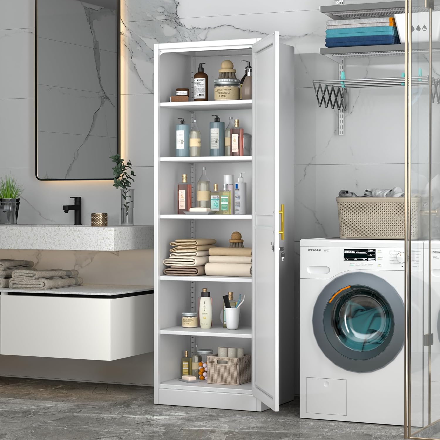 Ckzbx Tall Narrow Storage Cabinet 66.93" H Tall Bathroom Cabinet Metal Pantry Cabinets, 4 Adjustable Shelves for Kitchen, Home Office, Living Room, Dinning Room (20 inches Wide White)