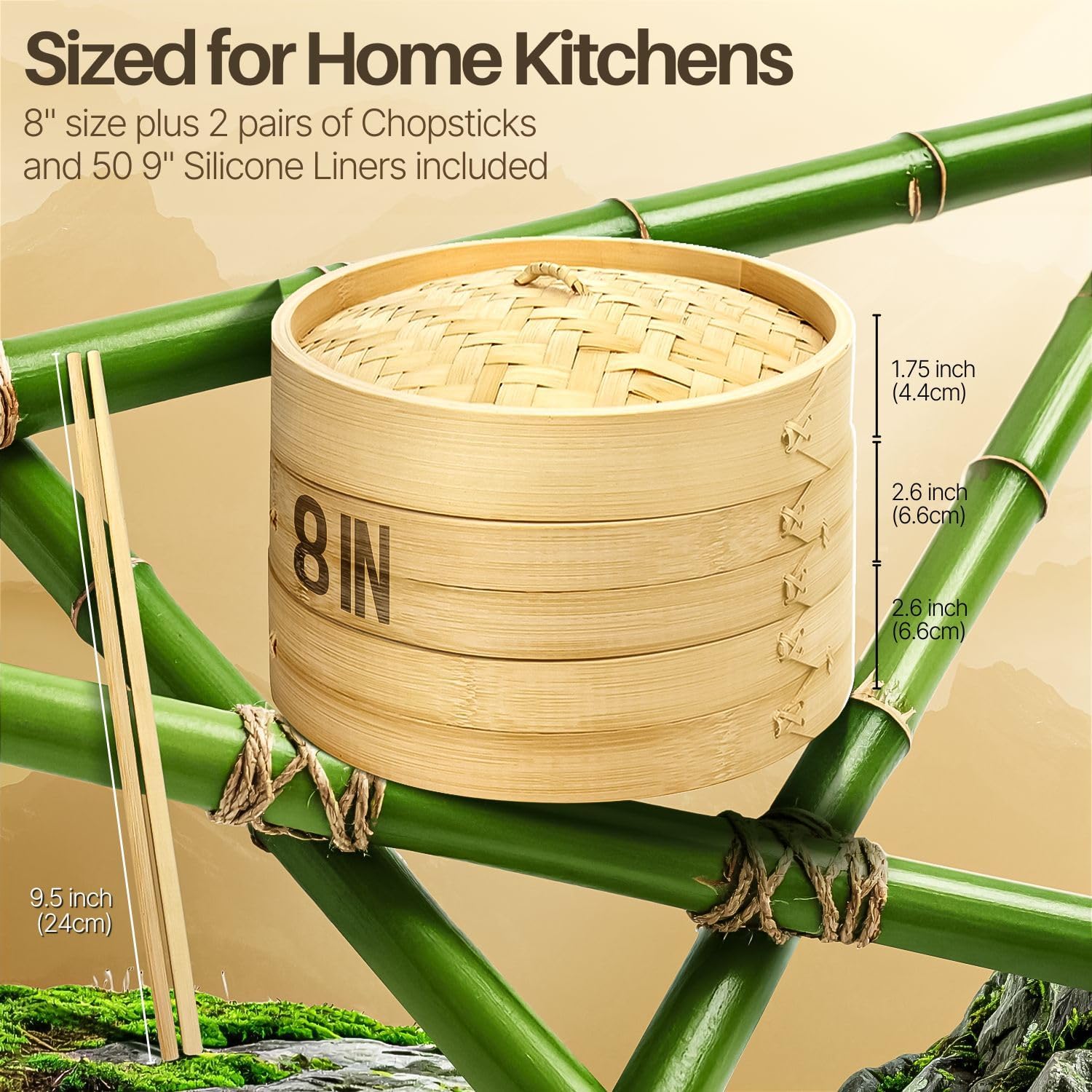 Flexzion Bamboo Steamer Basket Set (8 inch), 50 x Steamer Liners and 2 Pairs of Chopsticks, Steam Baskets for DimSum Dumplings, Rice, Vegetables