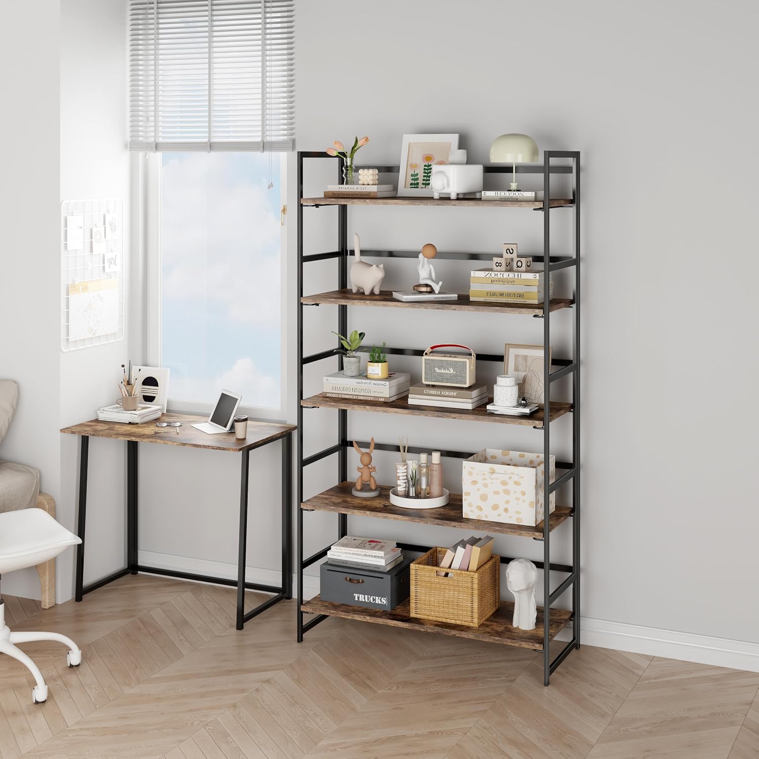 Vintage Multifunctional Folding Bookshelf, No-Assembly Plant Stand Storage Rack Shelves for Home Office (Fire, 5-Tier)