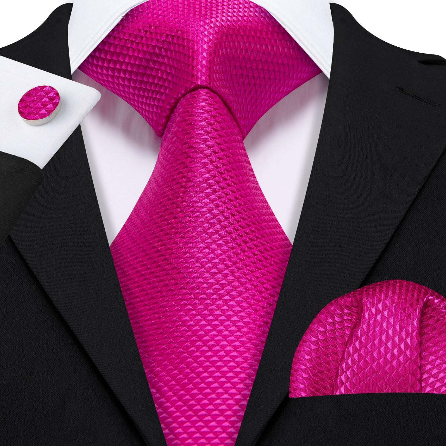 Barry.Wang Plaid Ties for Men Silk Necktie Handkerchief Cuff Links Set