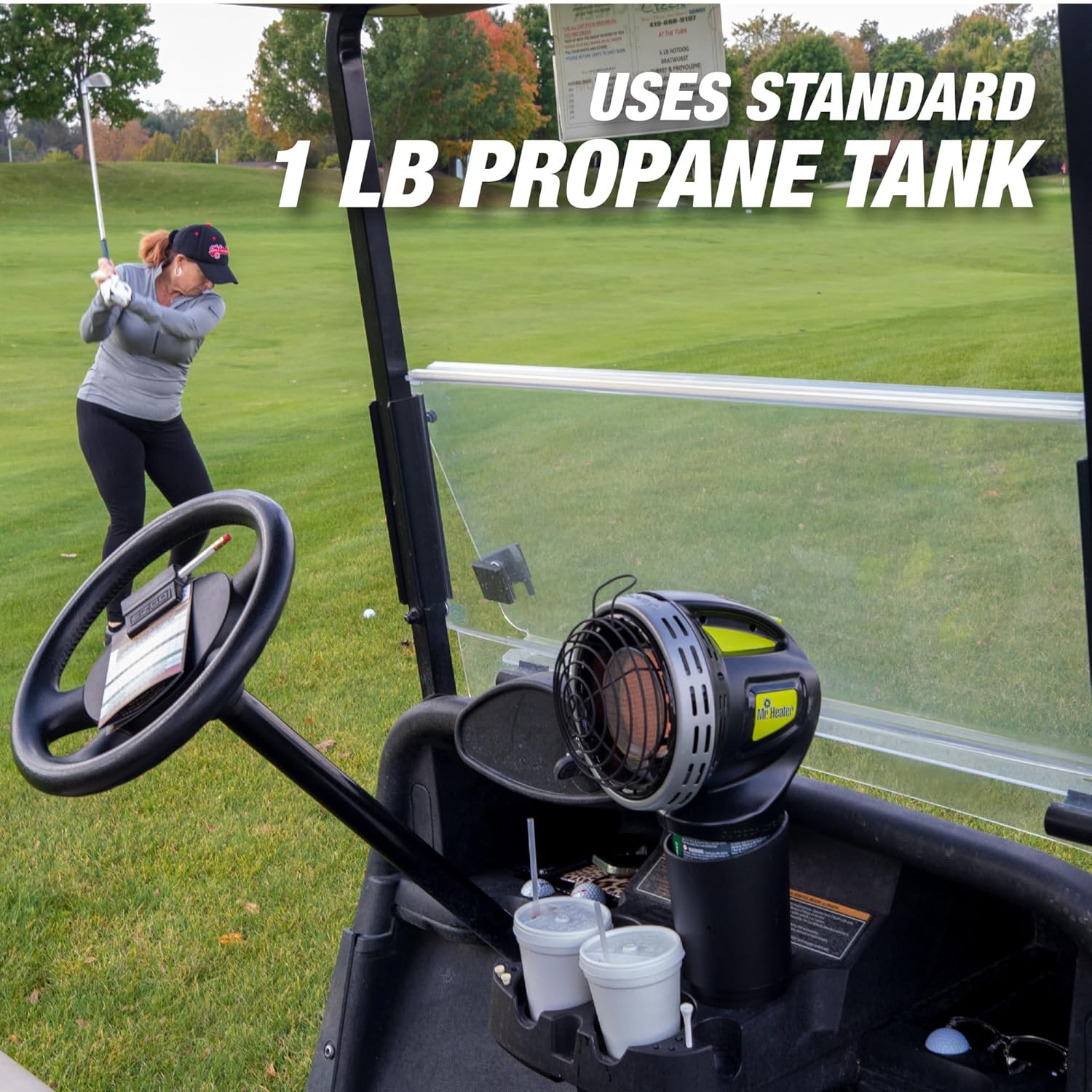 Mr. Heater Golf Cart 4, 000 BTU Radiant Propane Heater | Stay warm on the course when you're riding, Designed with an integrated handle