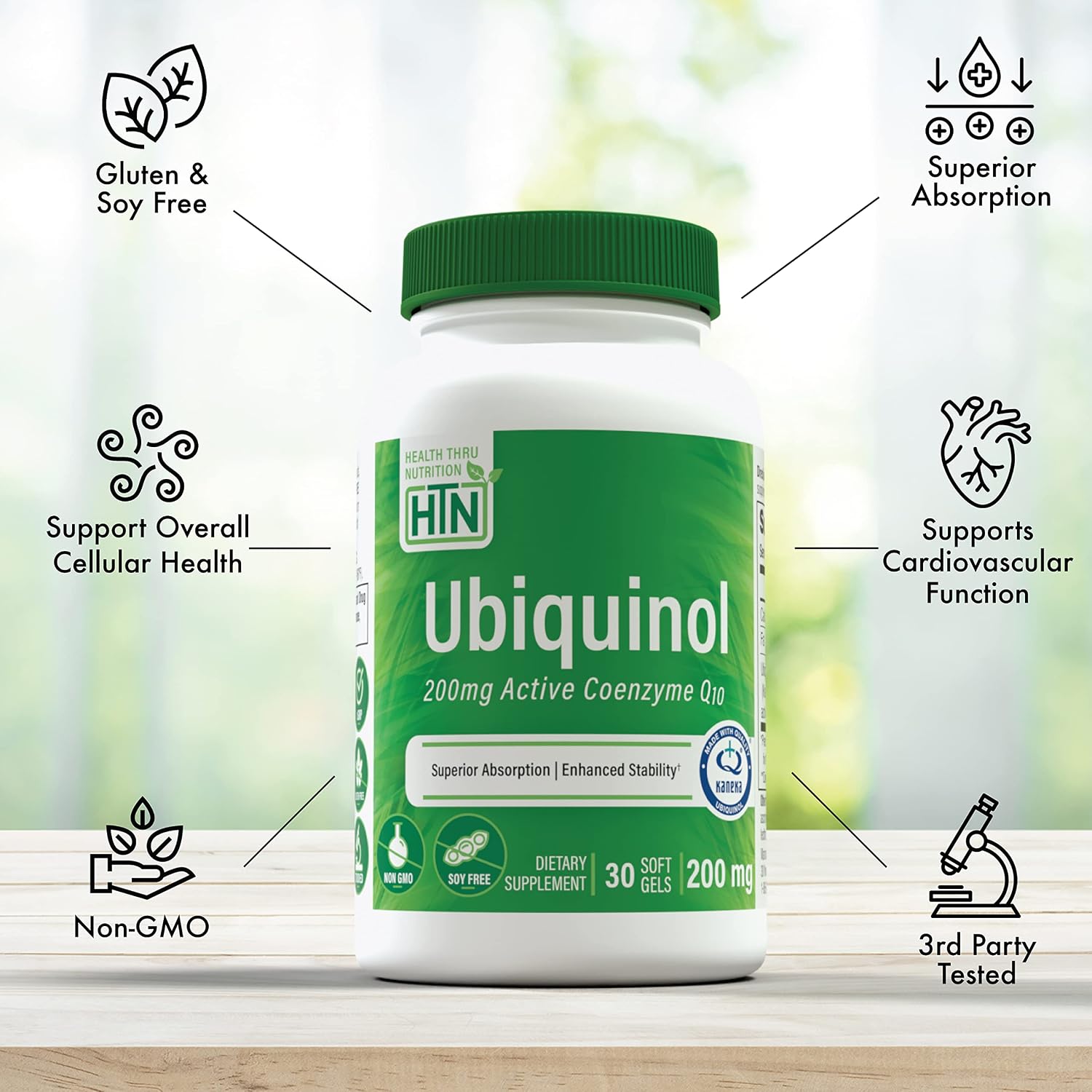 Health Thru Nutrition Ubiquinol 200mg 30 Softgels as Kaneka QH Reduced CoQ-10 | Stabilized - 3rd Party Tested | Enhanced Bioavailability | Cardiovascular & Mitochondria Function Support | Non-GMO | Reduced Form CoQ-10 Supplement, High Absorption, Cardiov…