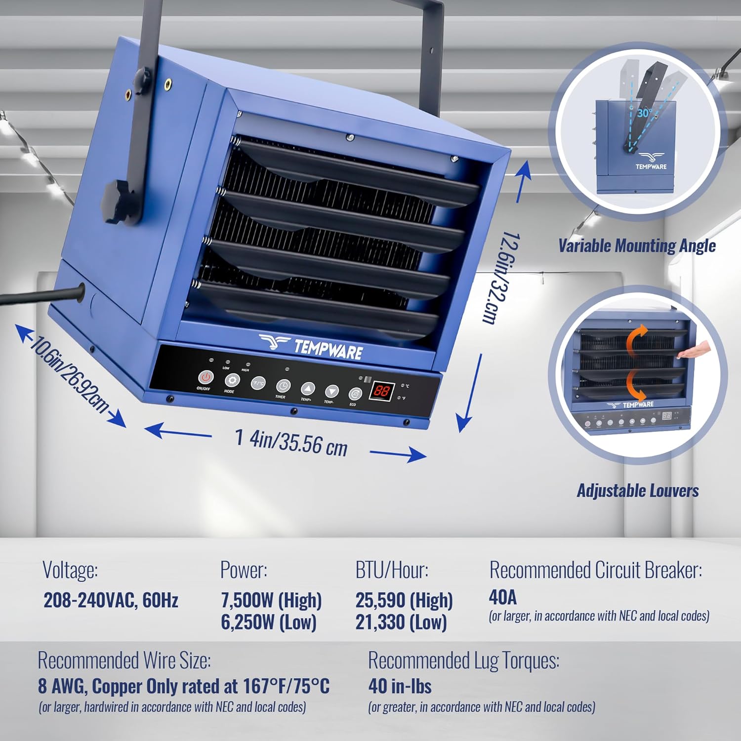 TEMPWARE 240V Hardwired Electric Garage Heater 7500W with Remote Control | Fan-Forced Shop Heater with 12H Timer, Overheat Protection