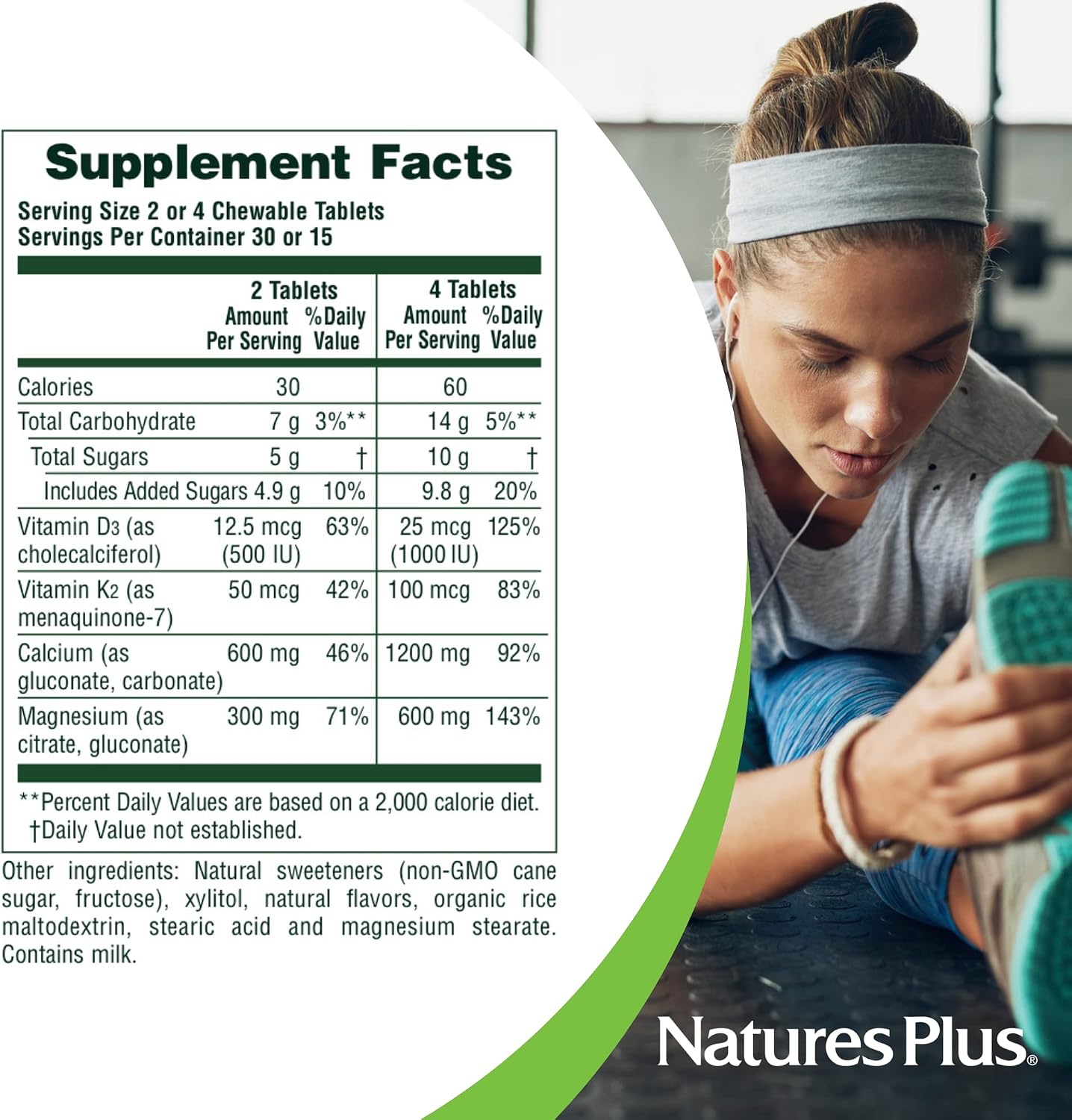 NaturesPlus Calcium/Magnesium/Vitamin D3 with Vitamin K2 - 60 Chewable Tablets - Supports Bone & Immune Health - Vanilla Flavor - Gluten Free - Up to 30 Servings