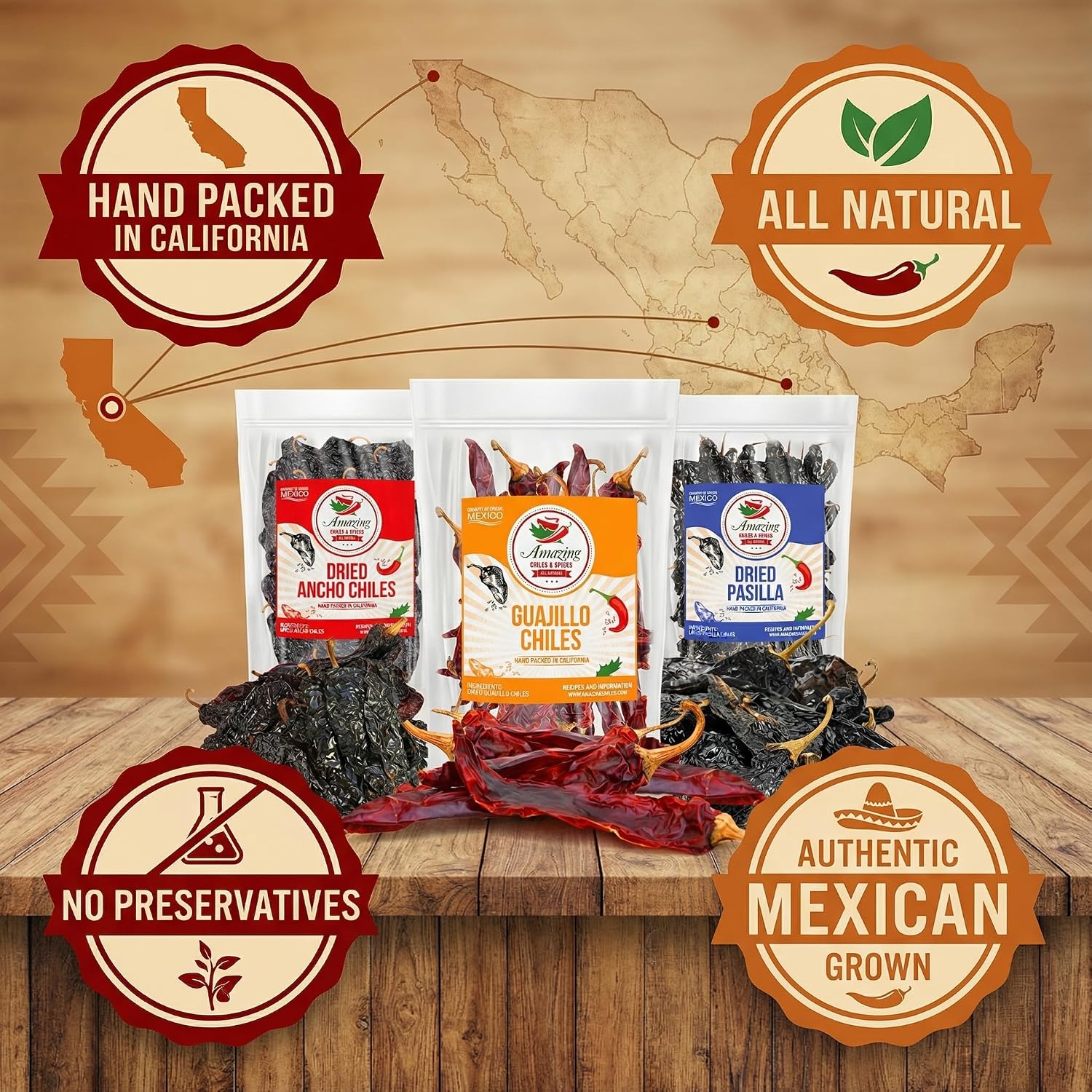 Dried Chile Peppers Variety Pack 12oz Ancho Guajillo Pasilla Mexican Chili