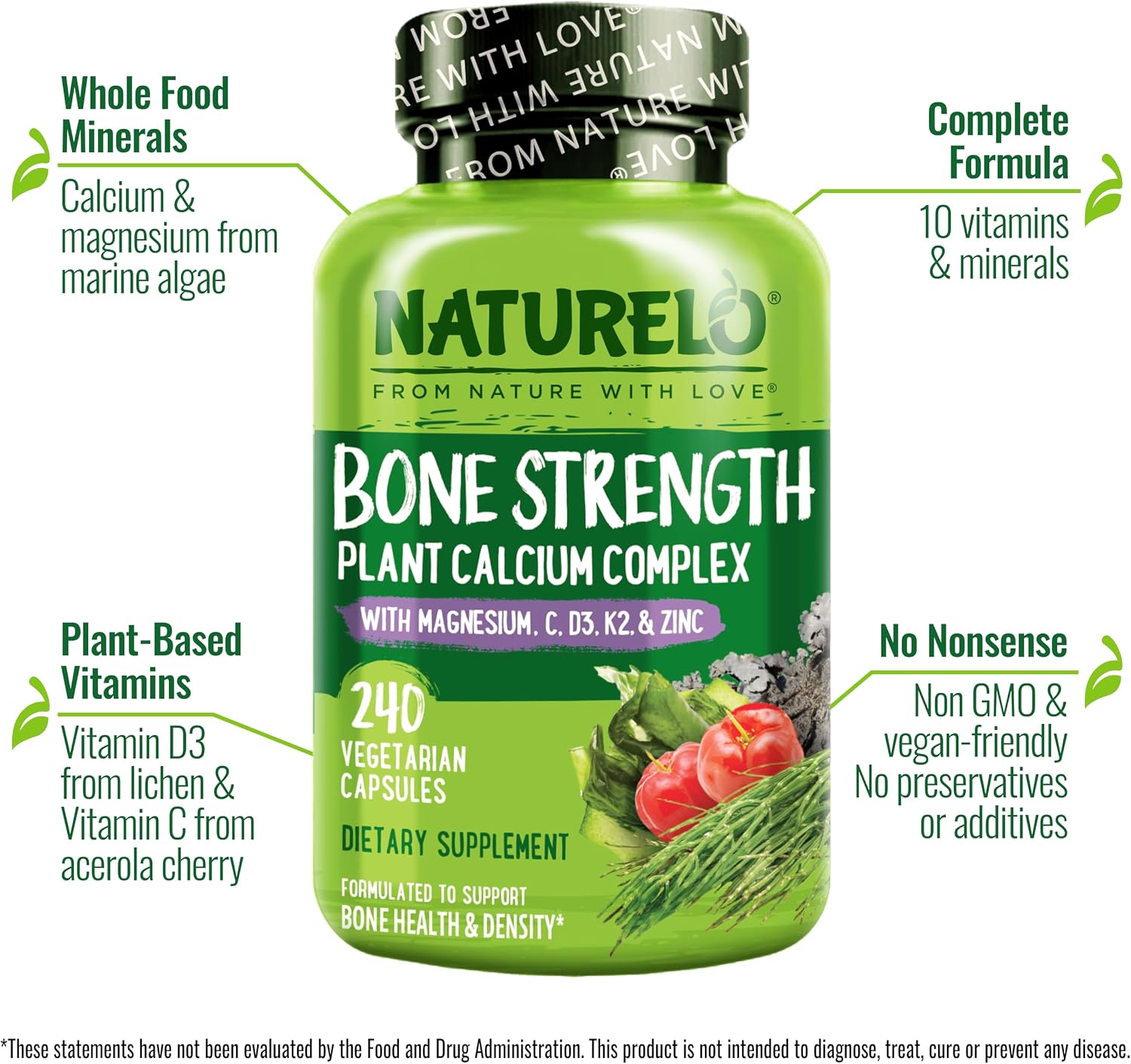 NATURELO Calcium Supplement with Vitamin C, D3, K2, 120 Vegetarian Capsules | Magnesium & Zinc for Bone Strength,Plant-Based Calcium 600mg , Non-GMO, Soy & Gluten-Free