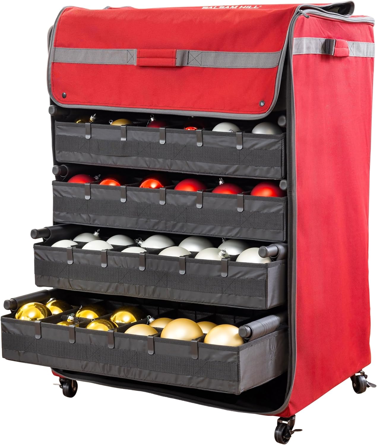Balsam Hill Deluxe Rolling Ornament Chest - 120pc Christmas Decoration Storage with Dividers & Trays