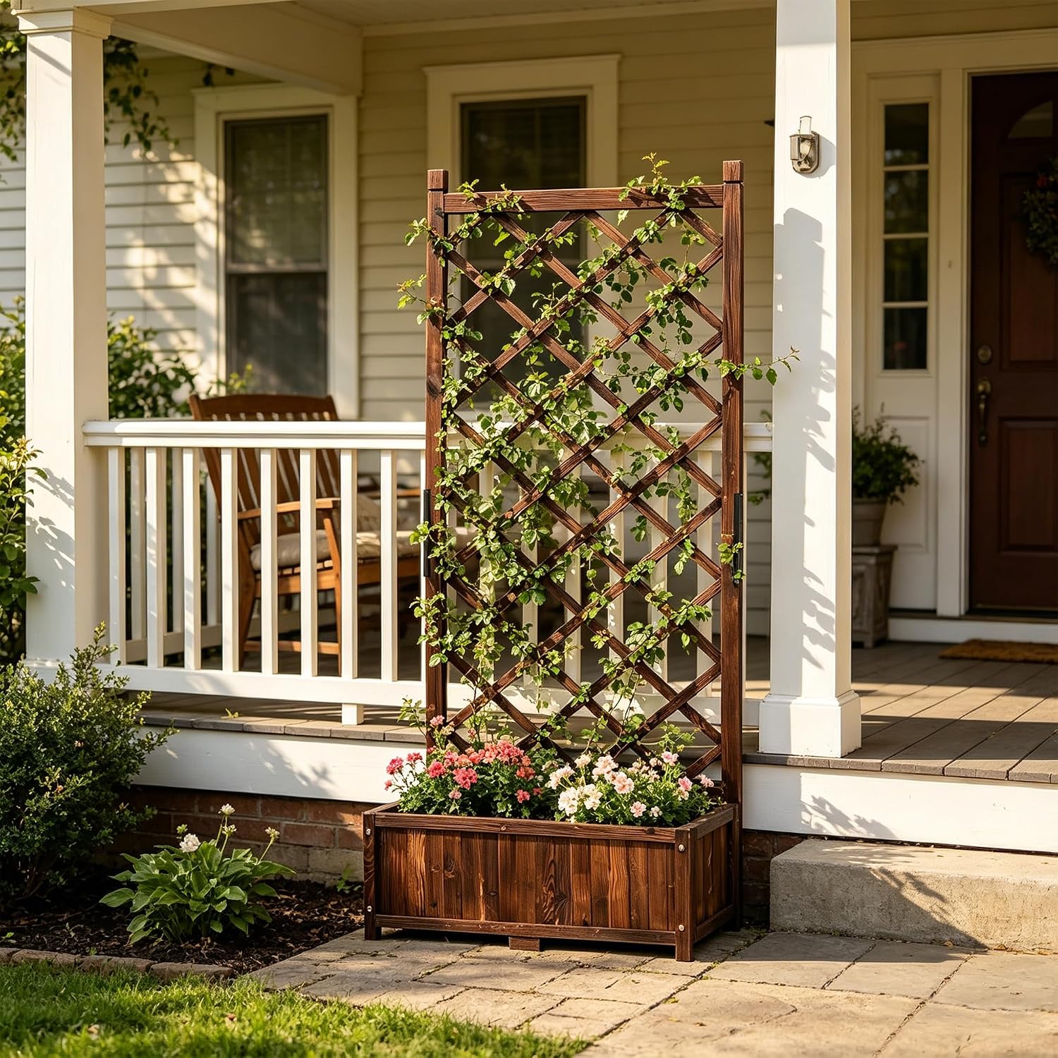 Anraja Raised Garden Bed with Trellis Wooden Flower Standing Planter Box Outdoor Wood Lattice Panels Privacy Screen for Climbing Plant Planting
