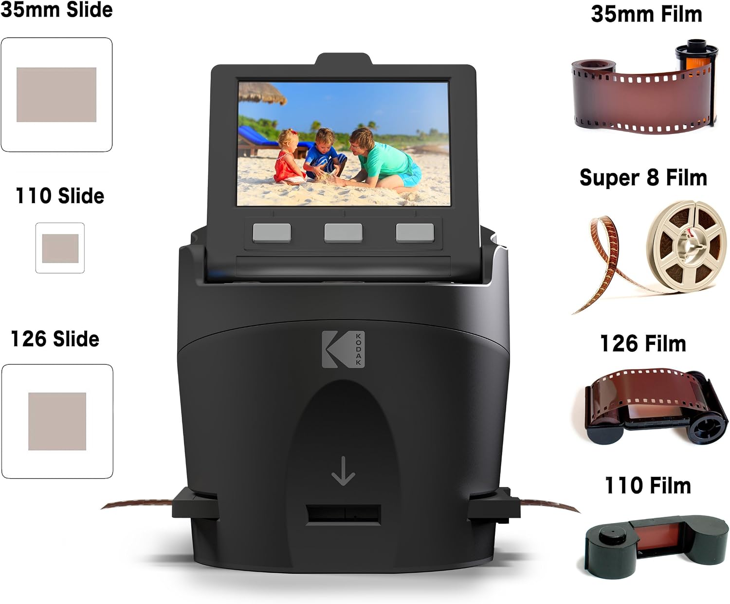 KODAK SCANZA Film & Slide Scanner, 3.5" LCD, 35mm, 126, 110, Super 8 & 8mm | Converts color/B&W negatives to 14MP/22MP JPEGs