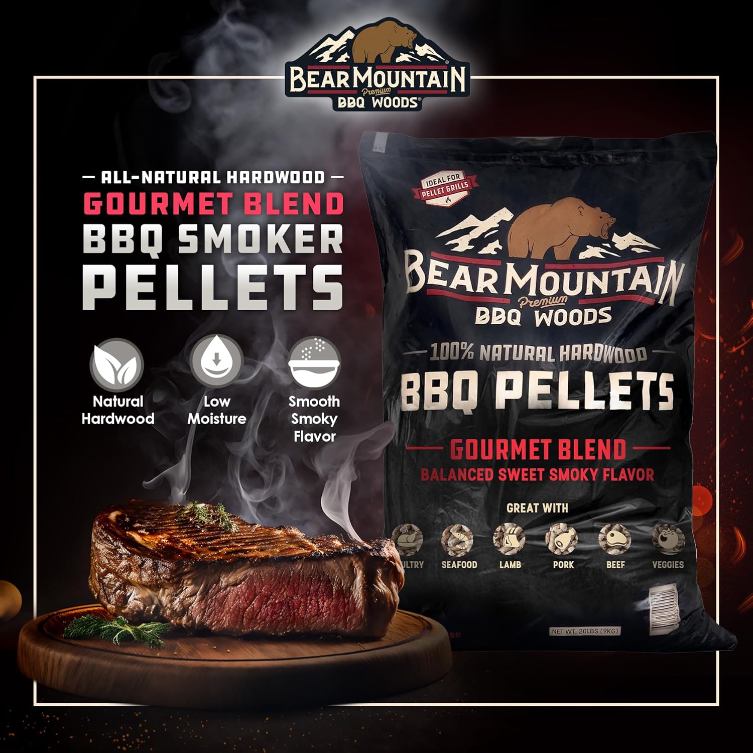 Bear Mountain Gourmet Blend Pellets for Smoker and Grill, 40lb Bag
