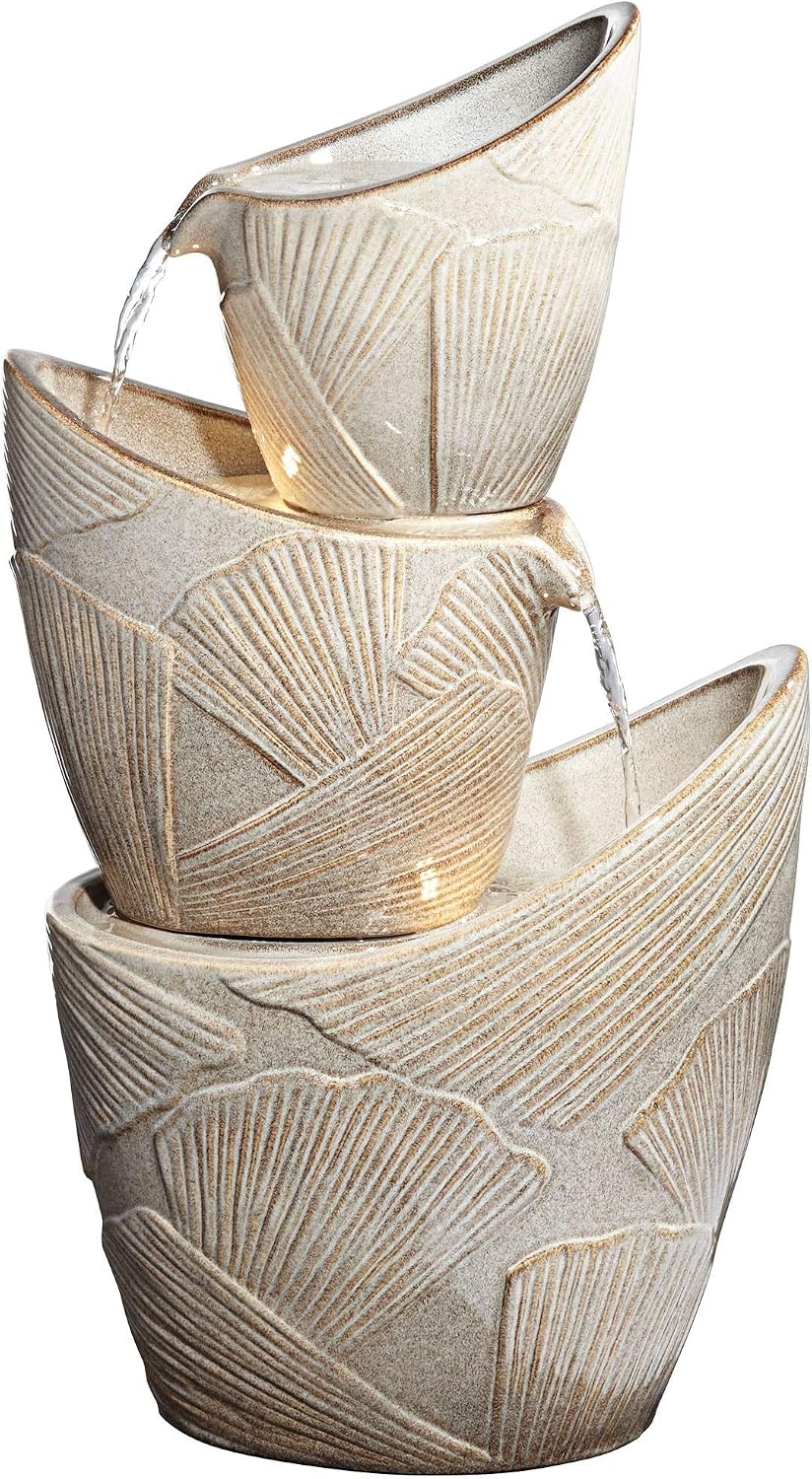 Coquina 30" Large Three Urn Modern Coastal Cascading LED Outdoor Fountain