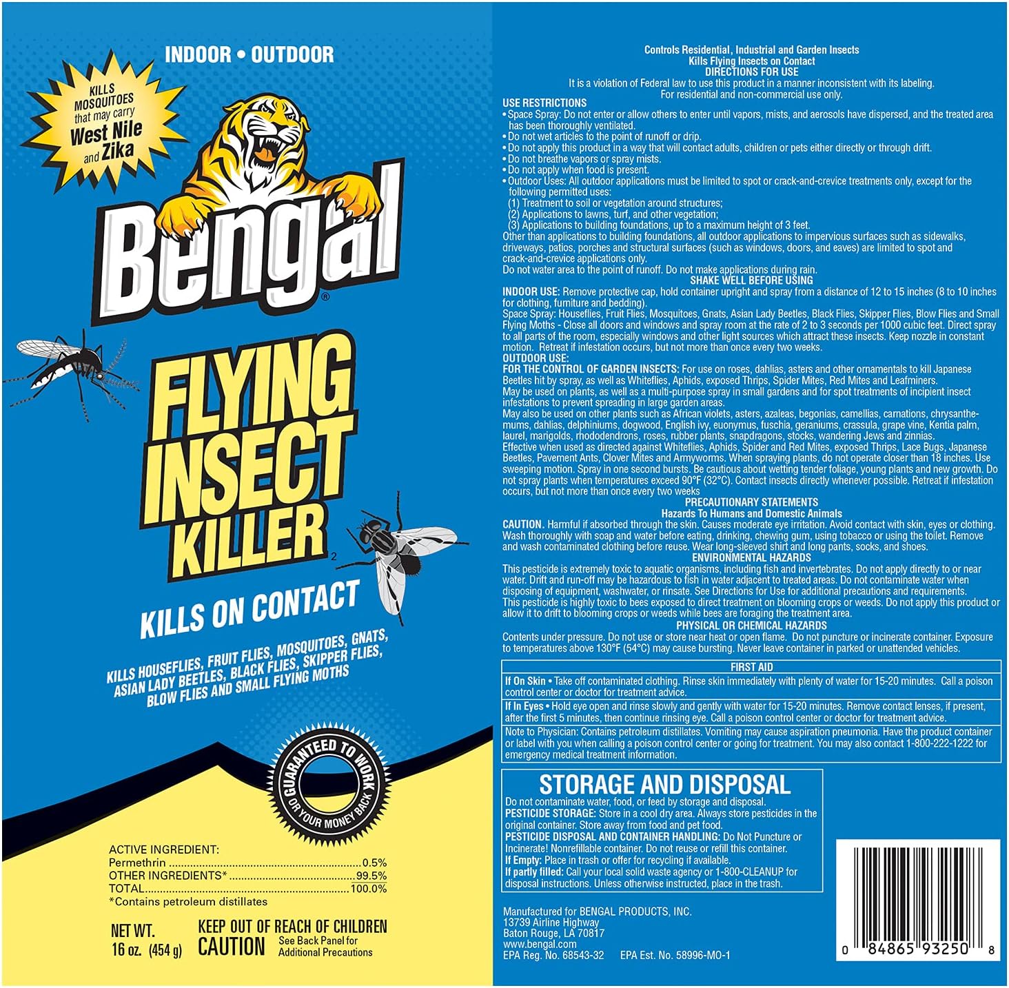 Bengal Flying Insect Killer, Indoor and Outdoor Fly and Mosquito Killer Spray, 16 Oz. Aerosol Can