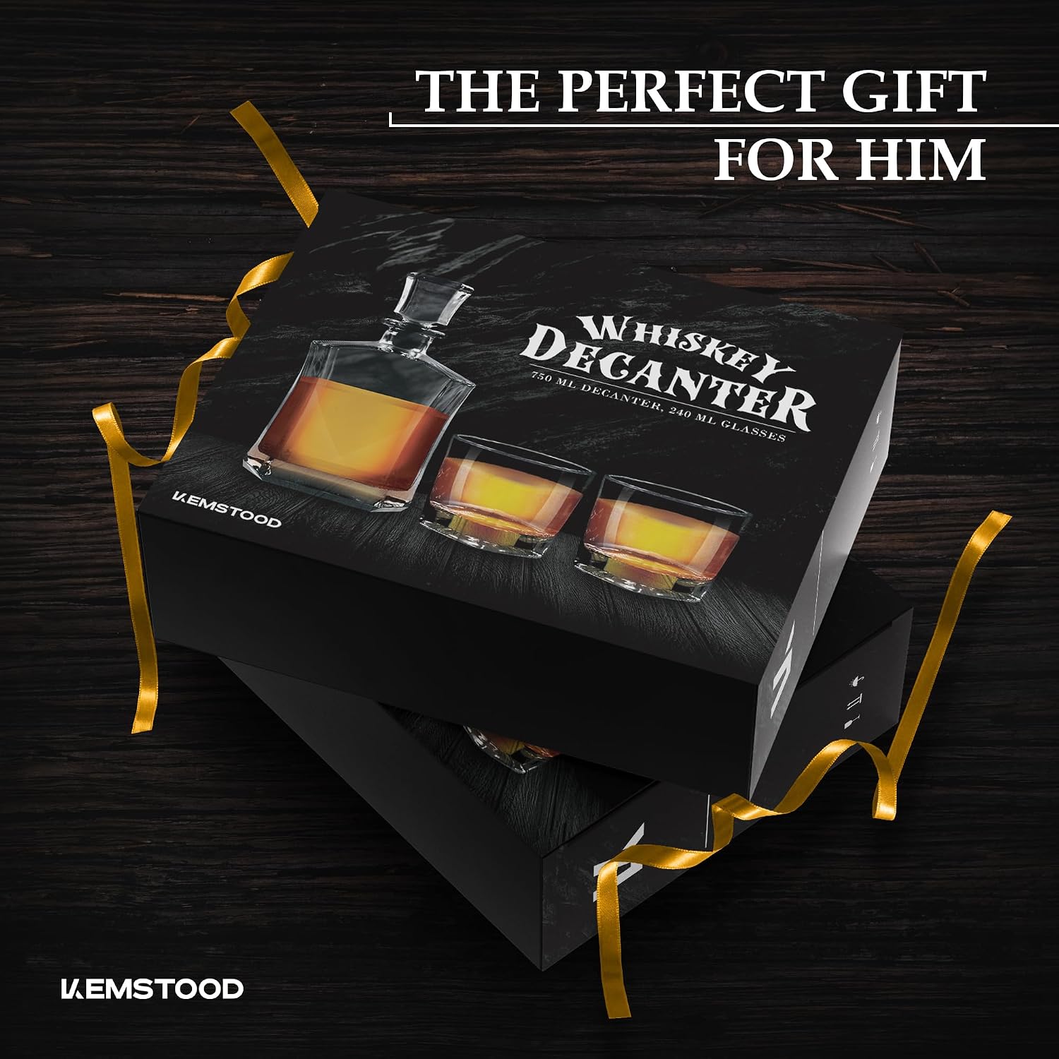 Kemstood Whiskey Decanter Sets for Men - Etched World Globe Design with Wood Stand & 2 Glass - Ideal for Dignified Drinking, Home Decor - Unique Whiskey Gifts for Men - 28 oz / 850 ml Capacity