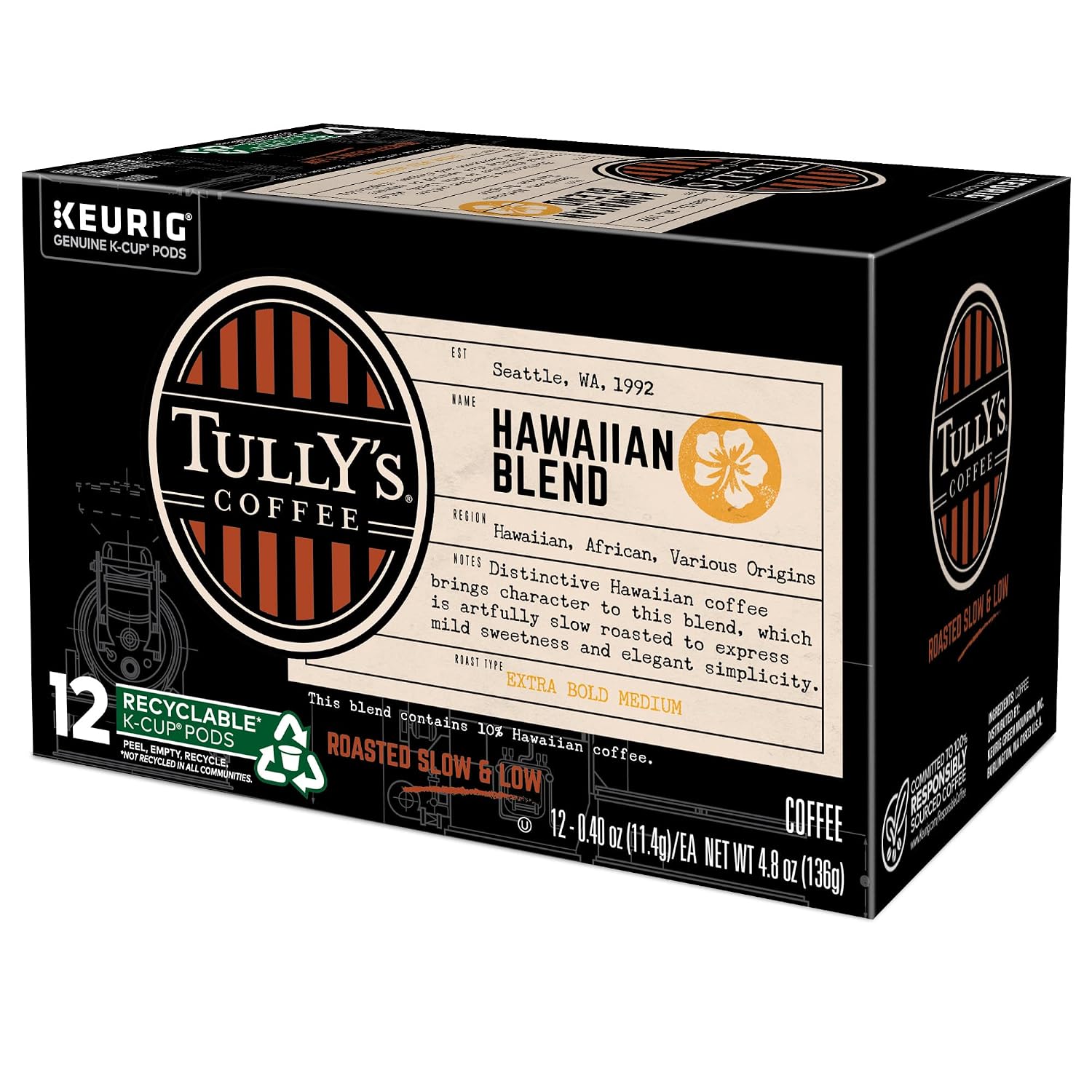 Tully's Coffee Hawaiian Blend Keurig Single-Serve K-Cup Pods, Medium Roast Coffee, 96 Count