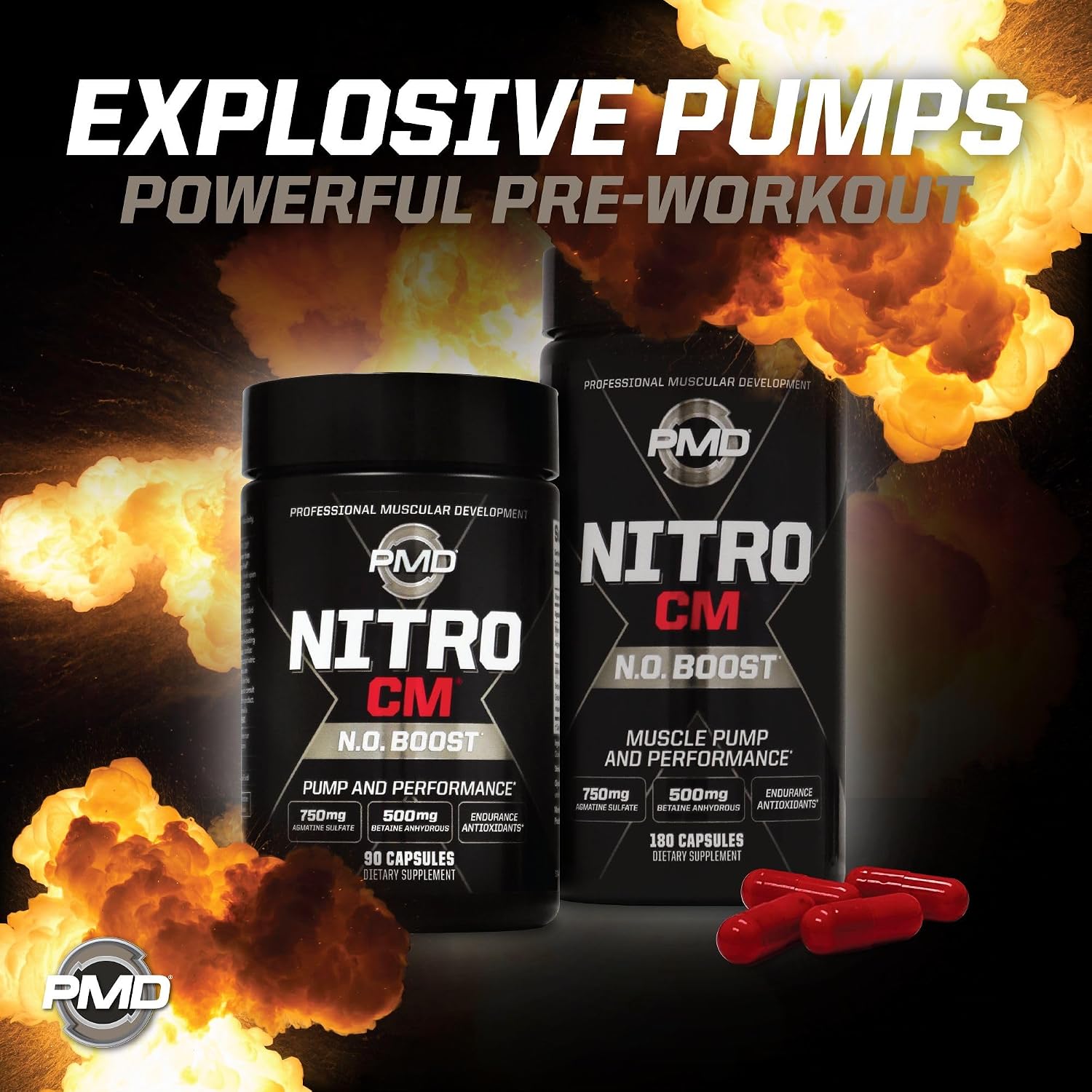 PMD Sports Nitro CM Nitric Oxide with Agmatine Supplement - 90 Capsules | Muscle Growth Support, Muscle Pump, L-Arginine, Endurance Antioxidants Boost, Hardcore Training and Bodybuilding Support