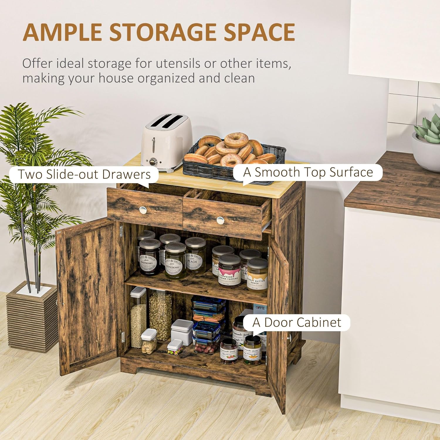 HOMCOM Sideboard Buffet Cabinet Solid Wood Countertop White