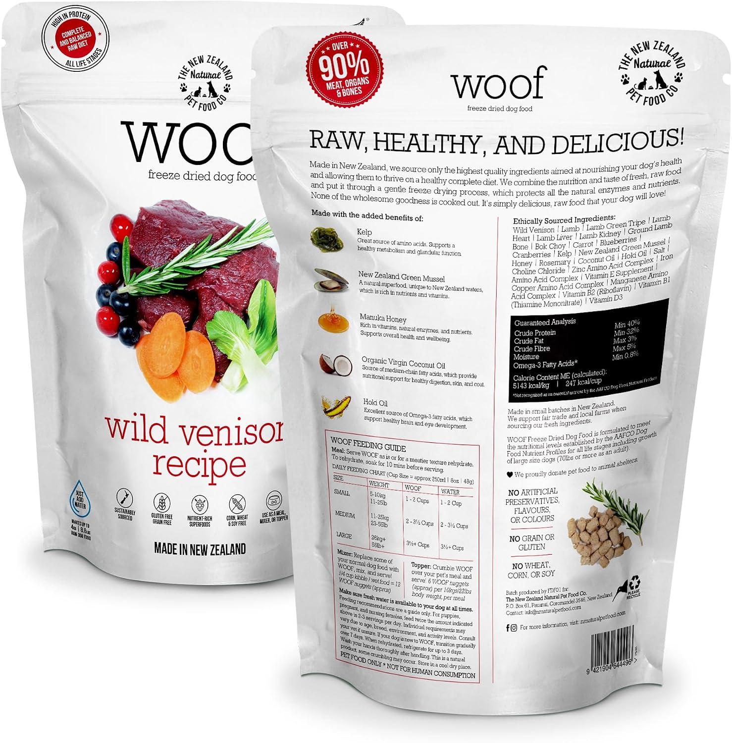 The New Zealand Natural Pet Food Co. Woof Freeze Dried Dog Food - Wild Venison, High Protein, Dog Food Topper & Dog Treats, All Life Stages, 1.76 oz