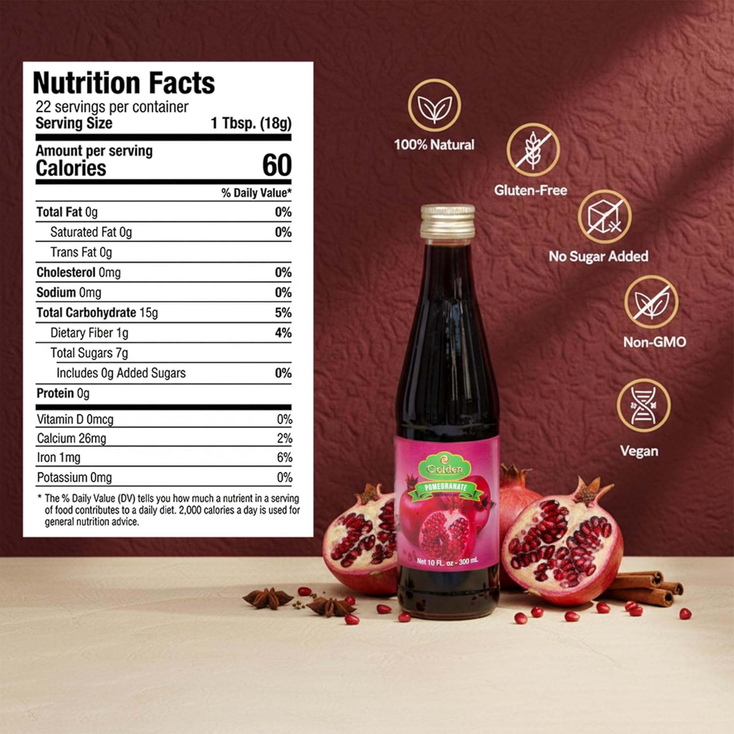 Golden Pomegranate Molasses, 10 fl oz, Non-GMO, Gluten Free, Sugar Free